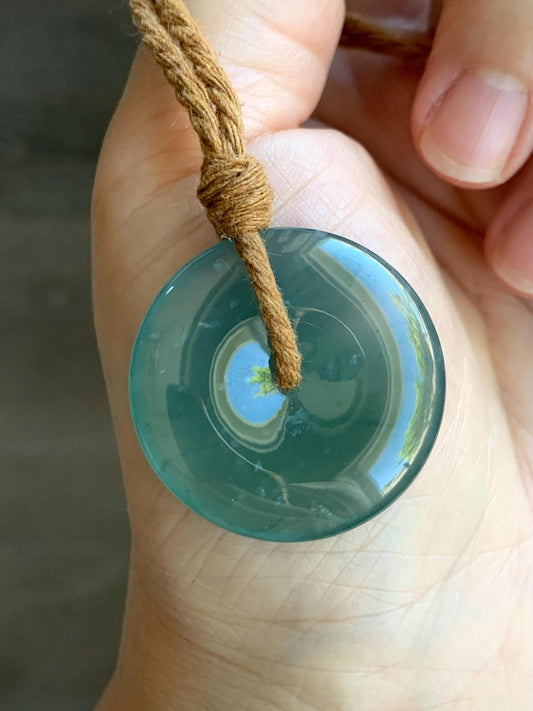 Certified Natural Grade A Guatemalan Icy Translucent Teal Green Jade Jadeite Ping An Kou Donut Pendant Rope Necklace 26” 天然冰胶危蓝绿翡翠平安扣吊坠 8736