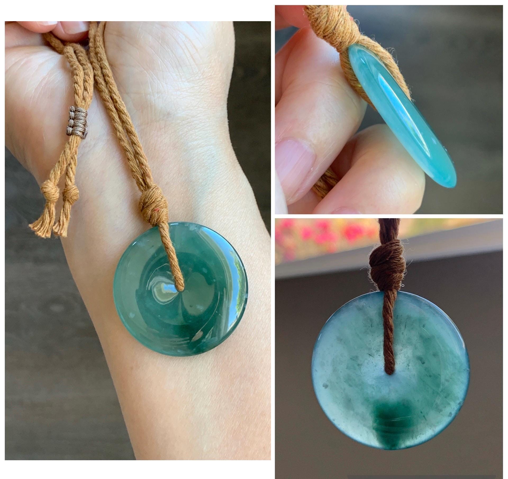 Certified Natural Grade A Guatemalan Icy Translucent Teal Green Jade Jadeite Ping An Kou Donut Pendant Rope Necklace 27” 天然冰胶危蓝绿翡翠平安扣吊坠 8739
