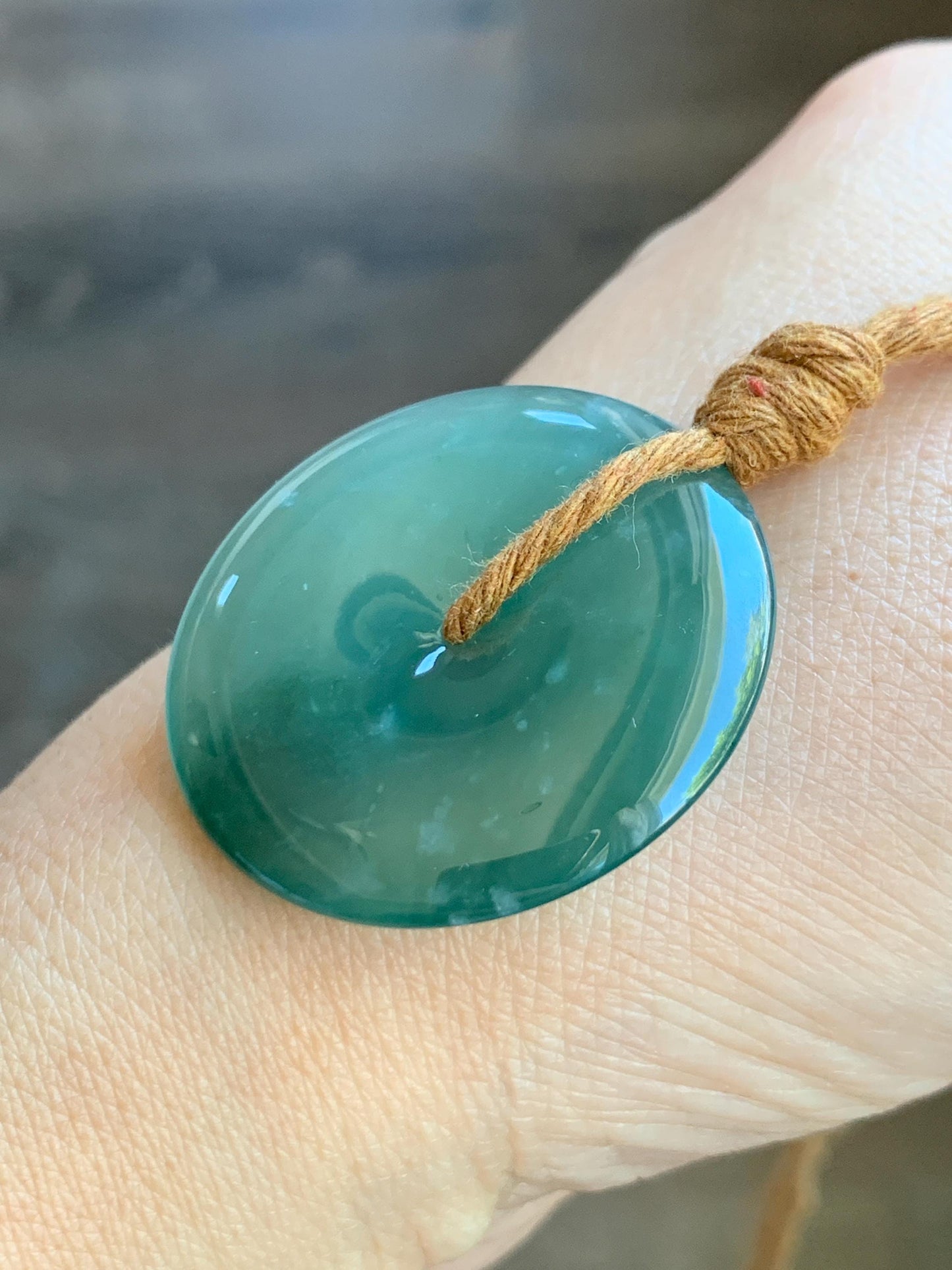 Certified Natural Grade A Guatemalan Icy Translucent Teal Green Jade Jadeite Ping An Kou Donut Pendant Rope Necklace 27” 天然冰胶危蓝绿翡翠平安扣吊坠 8739