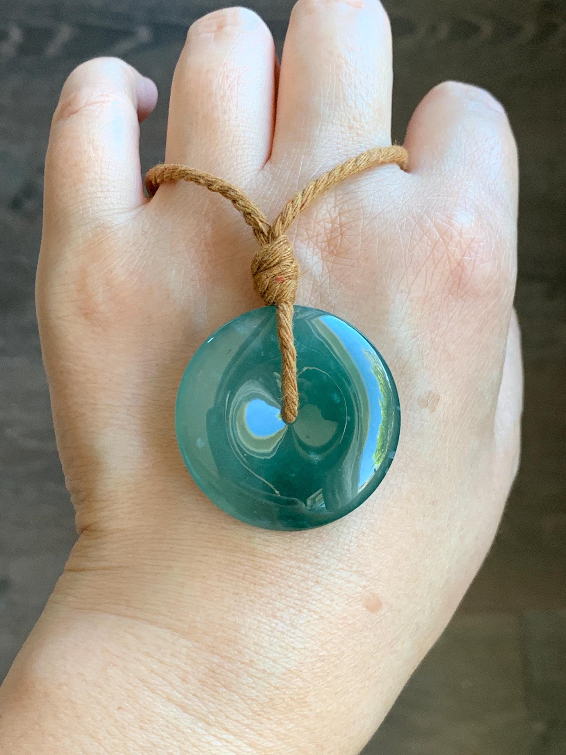 Certified Natural Grade A Guatemalan Icy Translucent Teal Green Jade Jadeite Ping An Kou Donut Pendant Rope Necklace 27” 天然冰胶危蓝绿翡翠平安扣吊坠 8739