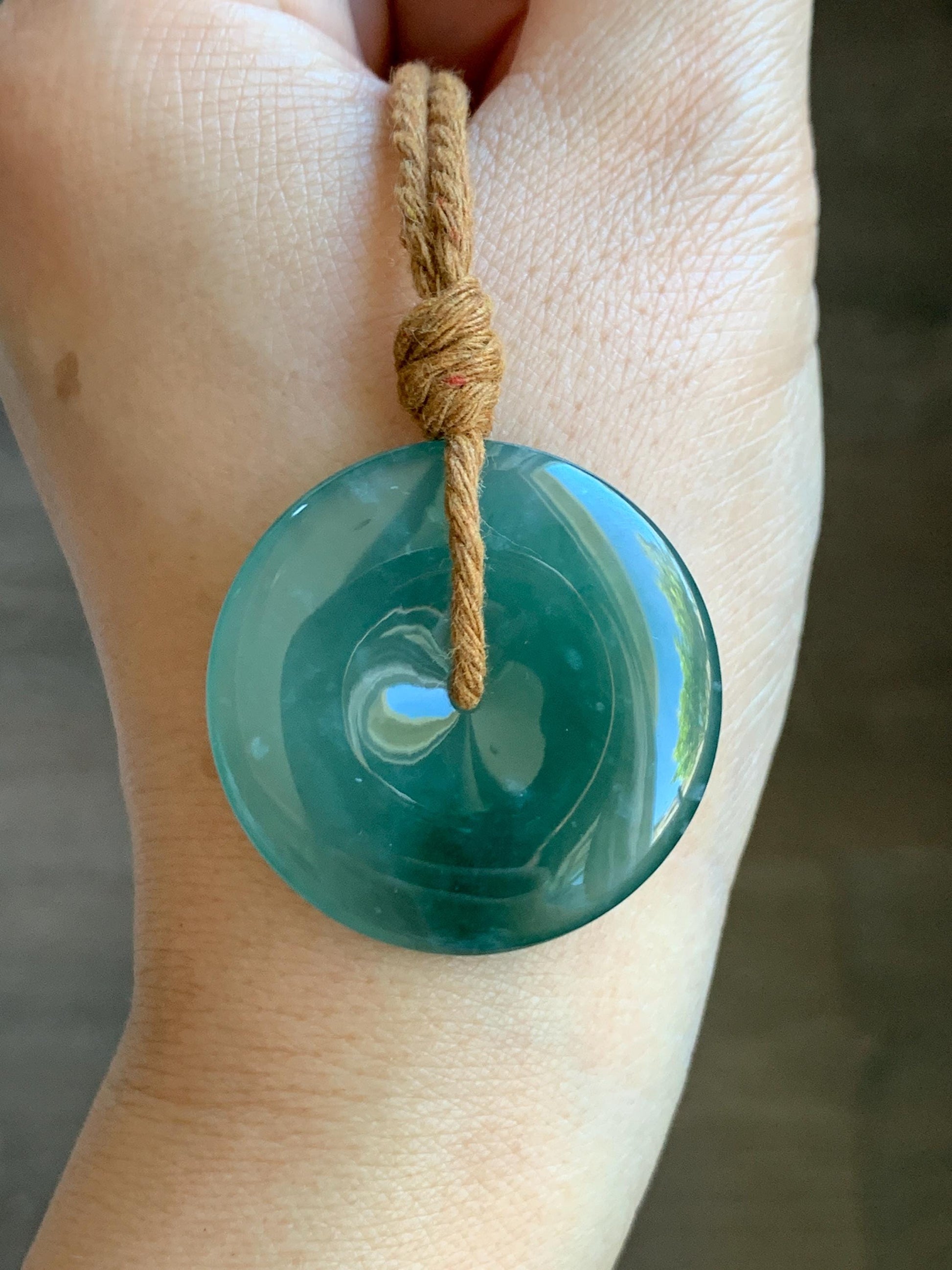 Certified Natural Grade A Guatemalan Icy Translucent Teal Green Jade Jadeite Ping An Kou Donut Pendant Rope Necklace 27” 天然冰胶危蓝绿翡翠平安扣吊坠 8739
