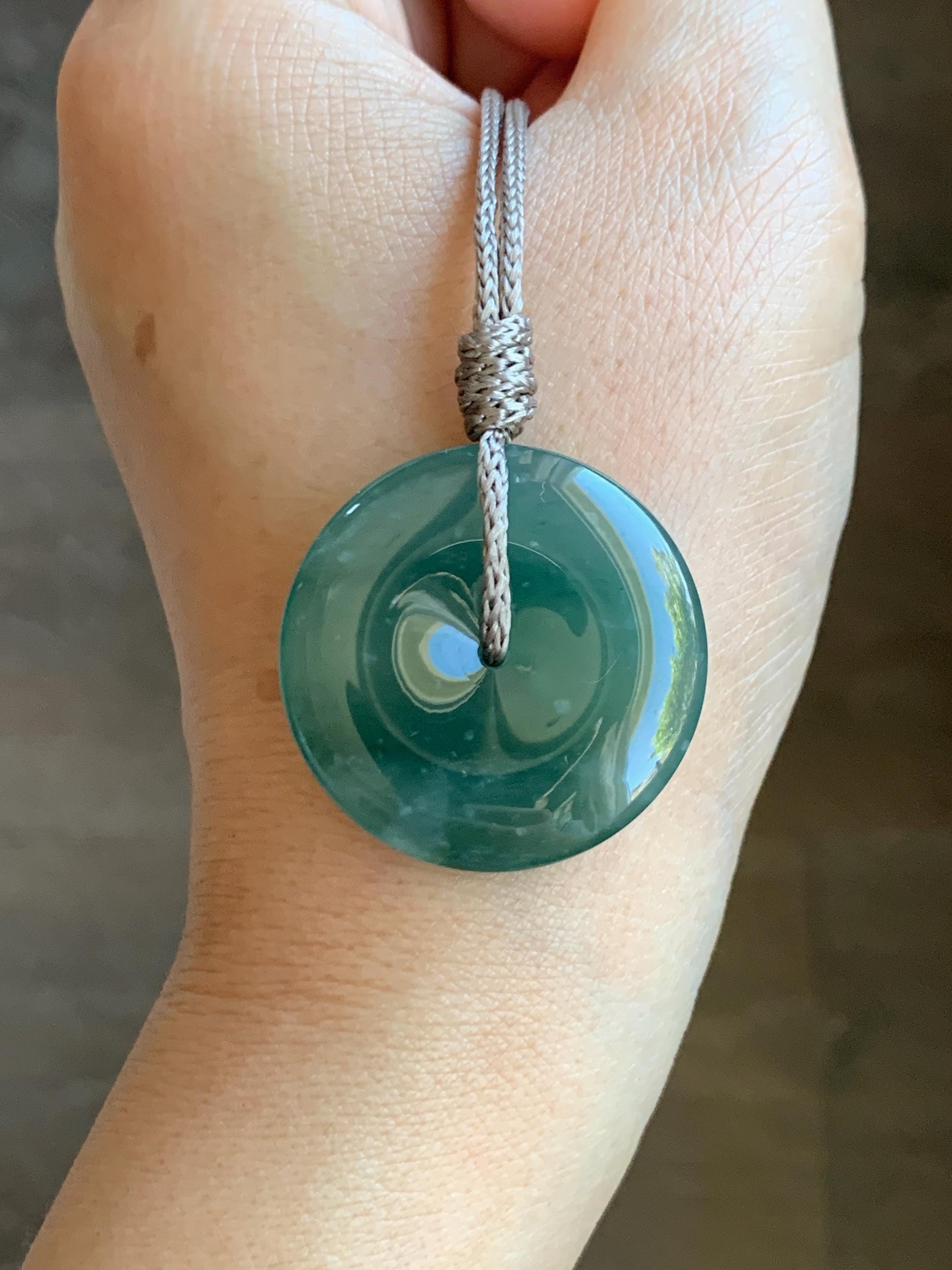 Certified Natural Grade A Guatemalan Icy Translucent Teal Green Jade Jadeite Ping An Kou Donut Pendant Rope Necklace 27” 天然冰胶危蓝绿翡翠平安扣吊坠 8740