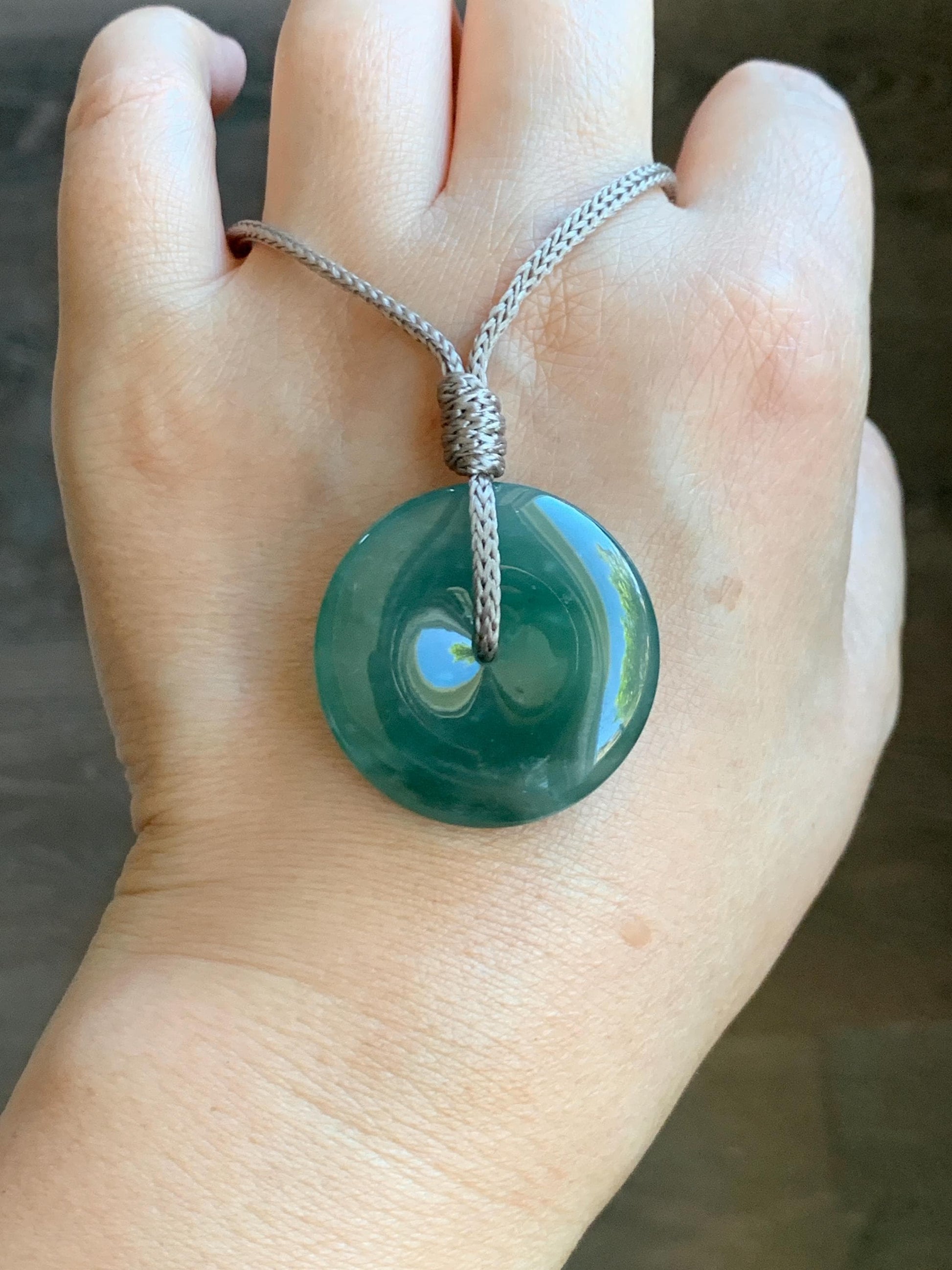 Certified Natural Grade A Guatemalan Icy Translucent Teal Green Jade Jadeite Ping An Kou Donut Pendant Rope Necklace 27” 天然冰胶危蓝绿翡翠平安扣吊坠 8740