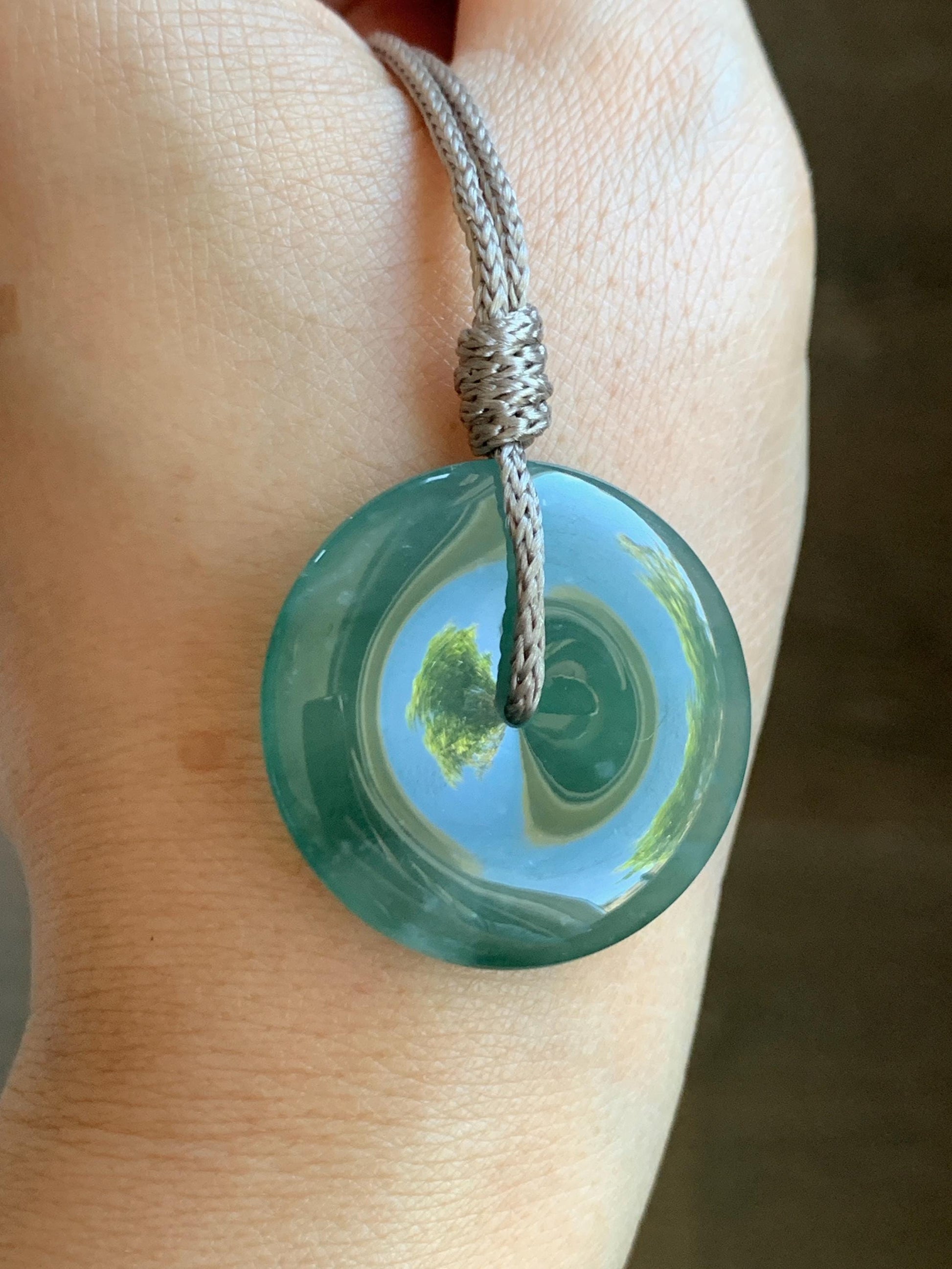 Certified Natural Grade A Guatemalan Icy Translucent Teal Green Jade Jadeite Ping An Kou Donut Pendant Rope Necklace 27” 天然冰胶危蓝绿翡翠平安扣吊坠 8740