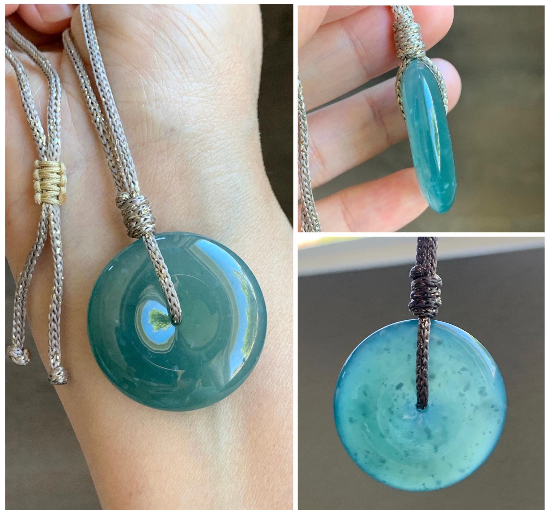 Certified Natural Grade A Guatemalan Icy Translucent Teal Green Jade Jadeite Ping An Kou Donut Pendant Rope Necklace 26” 天然冰胶危蓝绿翡翠平安扣吊坠 8741