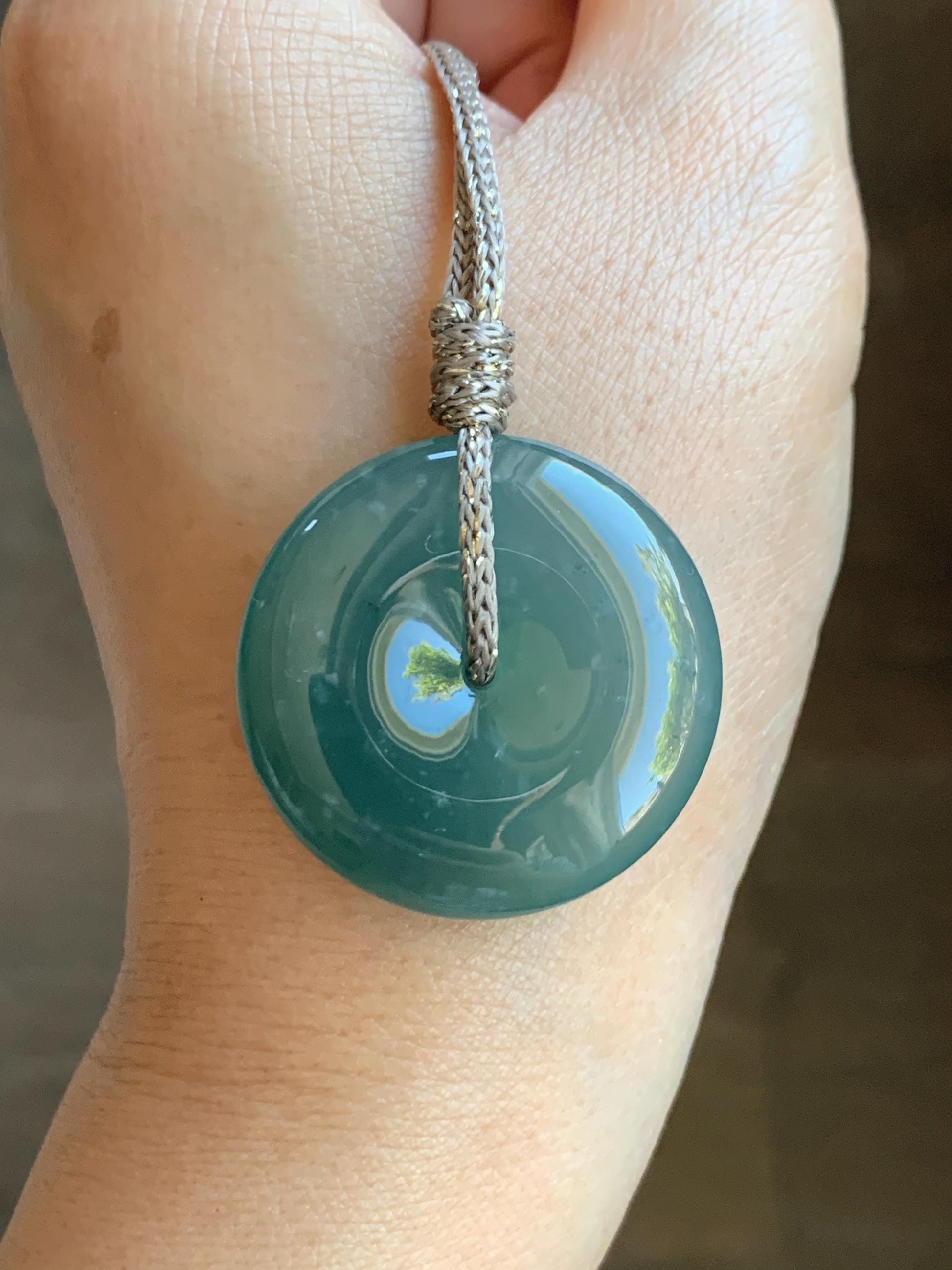 Certified Natural Grade A Guatemalan Icy Translucent Teal Green Jade Jadeite Ping An Kou Donut Pendant Rope Necklace 26” 天然冰胶危蓝绿翡翠平安扣吊坠 8741