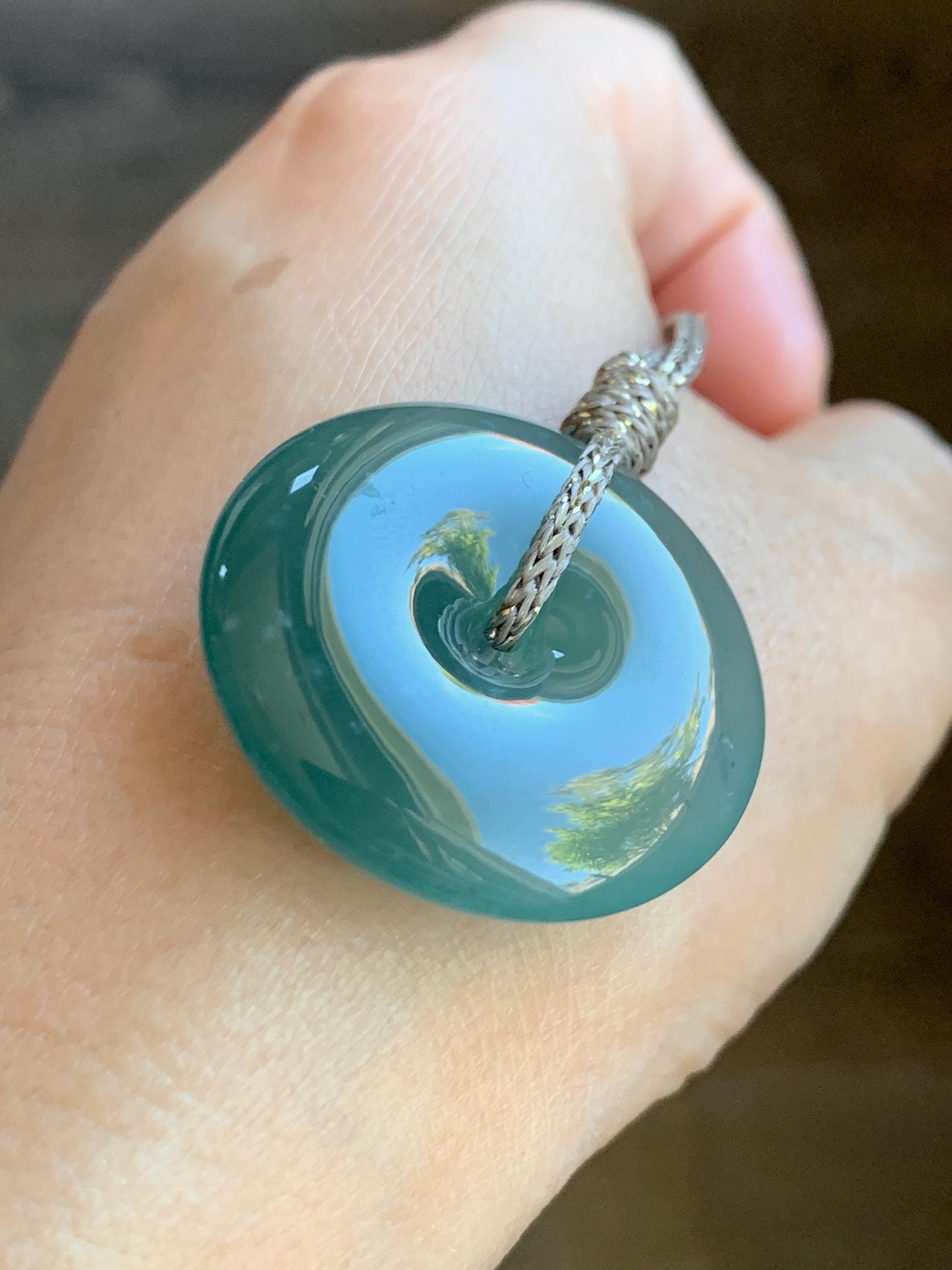 Certified Natural Grade A Guatemalan Icy Translucent Teal Green Jade Jadeite Ping An Kou Donut Pendant Rope Necklace 26” 天然冰胶危蓝绿翡翠平安扣吊坠 8741