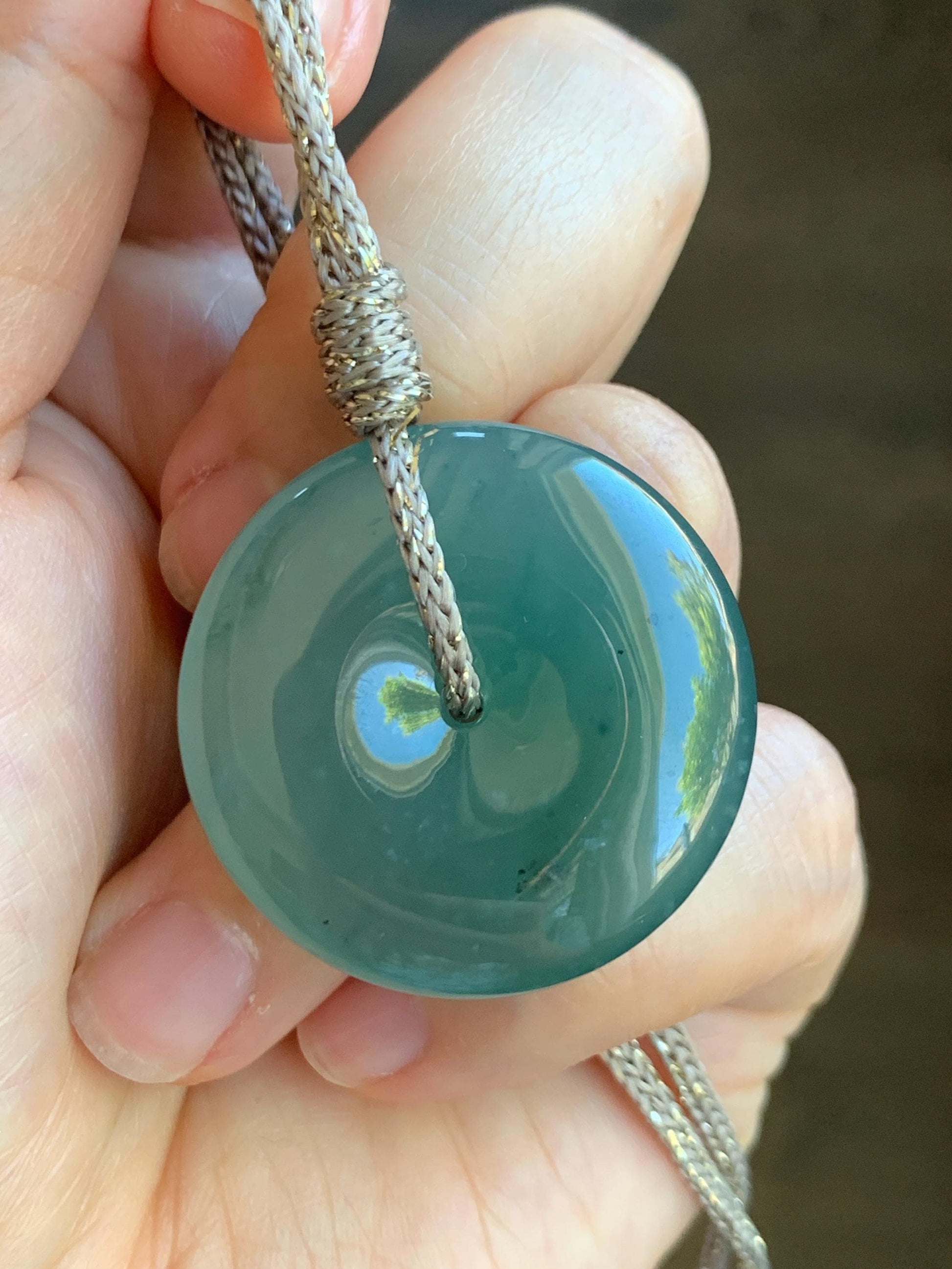 Certified Natural Grade A Guatemalan Icy Translucent Teal Green Jade Jadeite Ping An Kou Donut Pendant Rope Necklace 26” 天然冰胶危蓝绿翡翠平安扣吊坠 8741