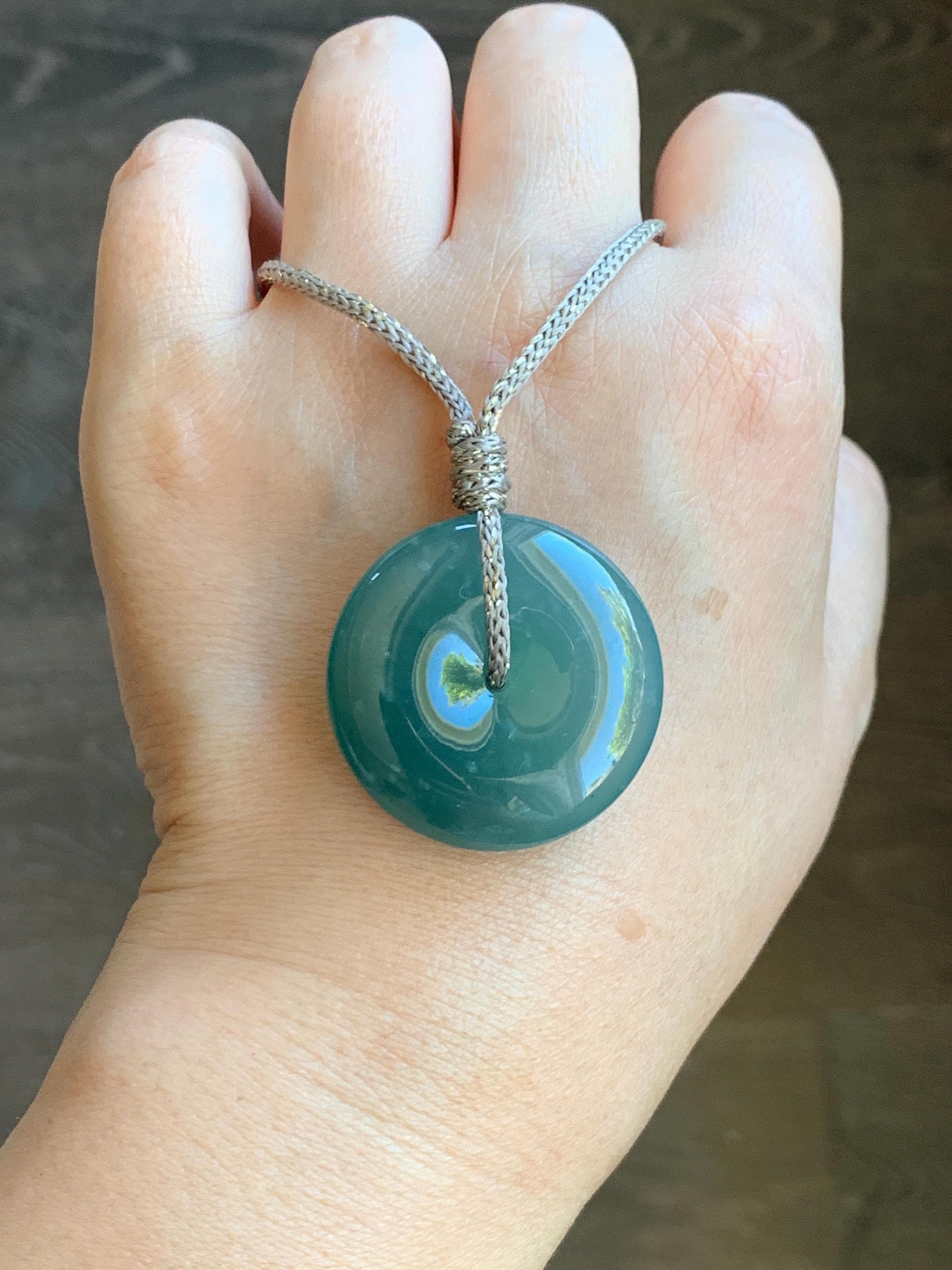 Certified Natural Grade A Guatemalan Icy Translucent Teal Green Jade Jadeite Ping An Kou Donut Pendant Rope Necklace 26” 天然冰胶危蓝绿翡翠平安扣吊坠 8741