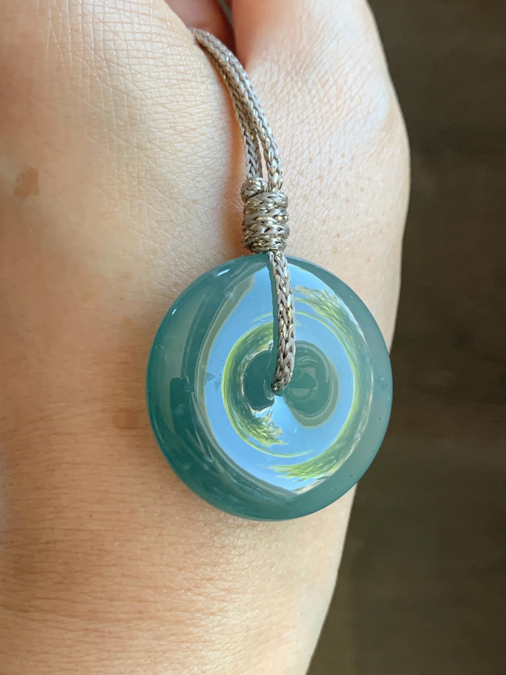 Certified Natural Grade A Guatemalan Icy Translucent Teal Green Jade Jadeite Ping An Kou Donut Pendant Rope Necklace 26” 天然冰胶危蓝绿翡翠平安扣吊坠 8741