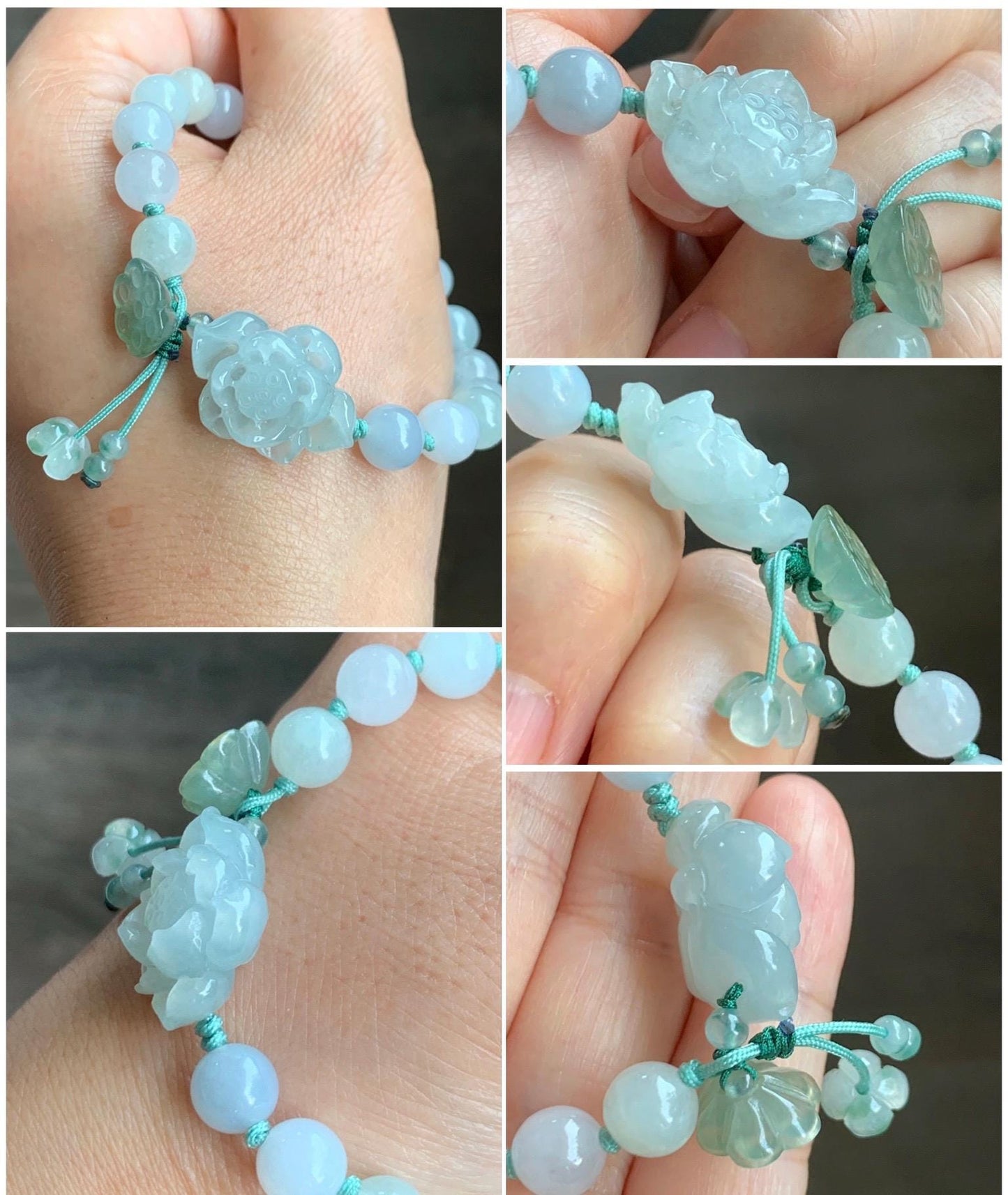 Natural Grade A Icy Translucent Gelatinous Pastel Green Jade Jadeite Lotus Flower Lotus Pod Beaded Bracelet 6.75" 天然冰胶淡晴蓝底翡翠莲花莲蓬手串 MLH370