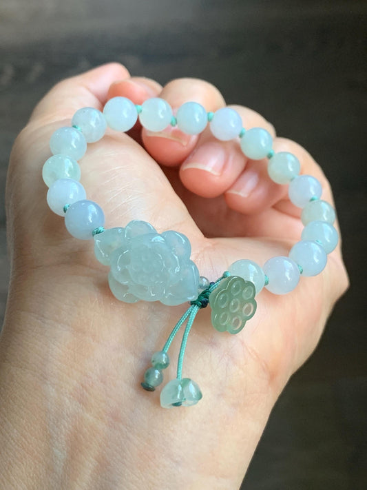 Natural Grade A Icy Translucent Gelatinous Pastel Green Jade Jadeite Lotus Flower Lotus Pod Beaded Bracelet 6.75" 天然冰胶淡晴蓝底翡翠莲花莲蓬手串 MLH370
