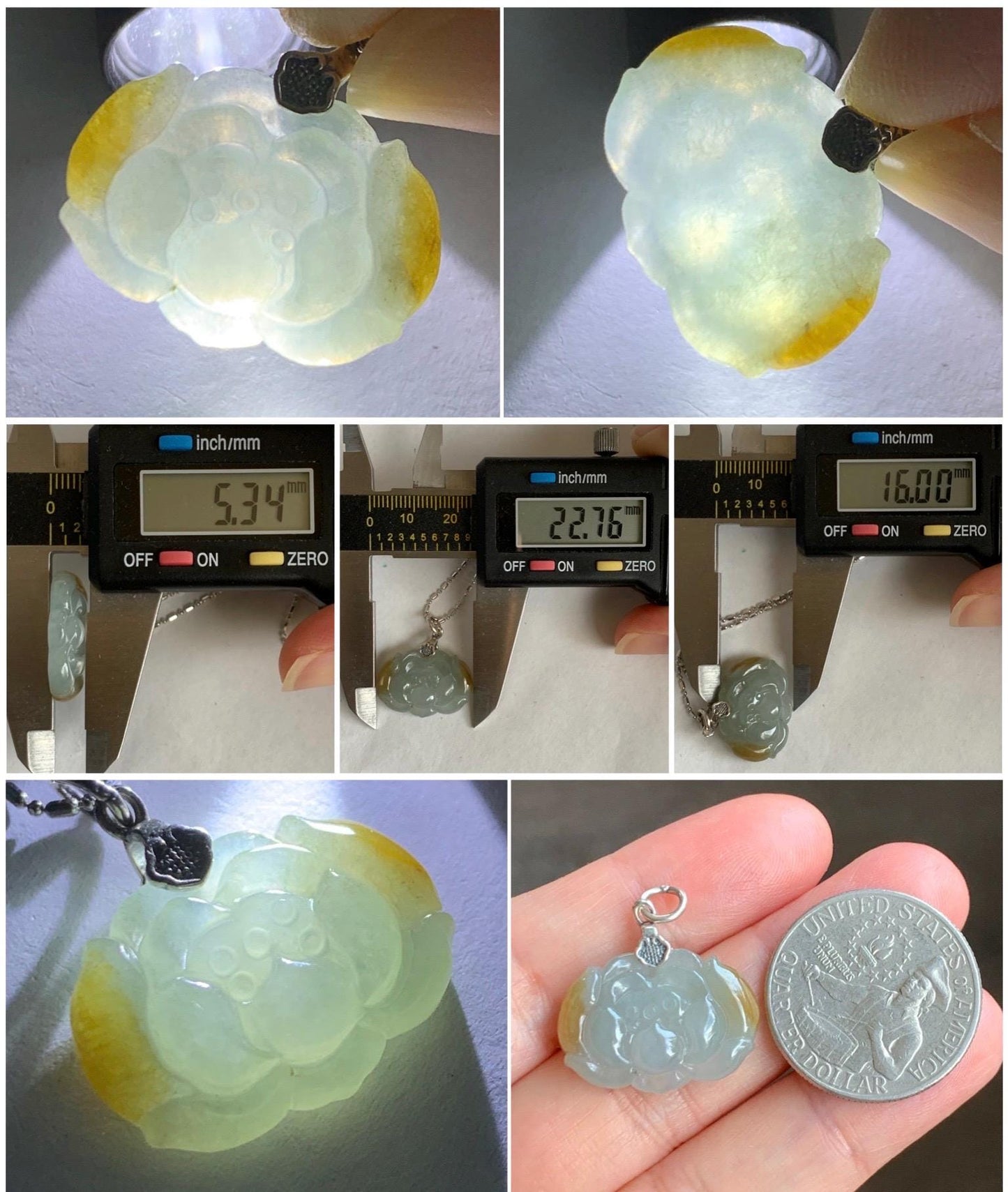 Natural Grade A Icy Translucent Yellow Marbled Jade Jadeite Carved Lotus Flower Pendant Sterling Silver 5g 天然冰胶淡蓝底飘黄翡翠莲花吊坠 MPH80