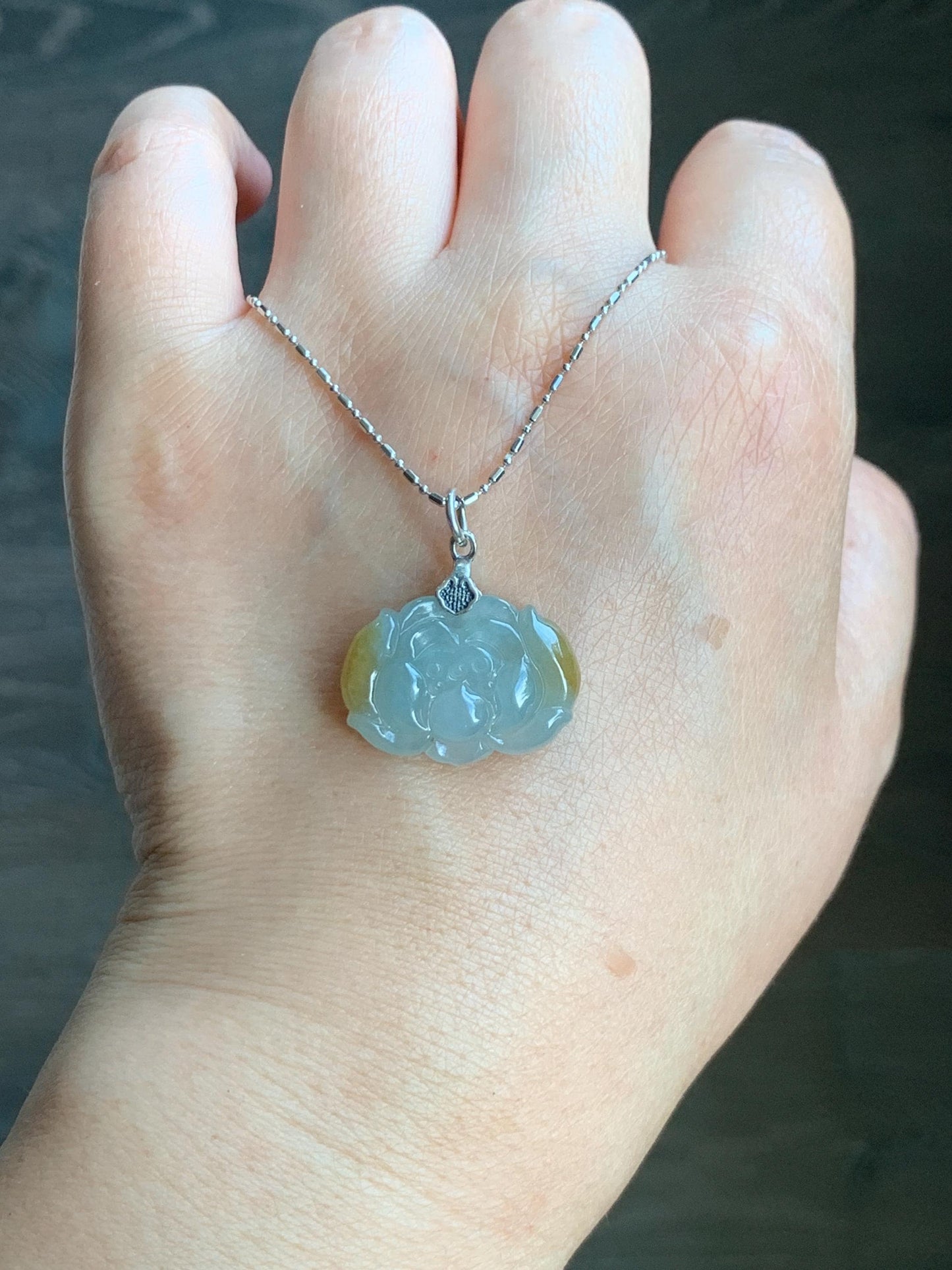 Natural Grade A Icy Translucent Yellow Marbled Jade Jadeite Carved Lotus Flower Pendant Sterling Silver 5g 天然冰胶淡蓝底飘黄翡翠莲花吊坠 MPH80