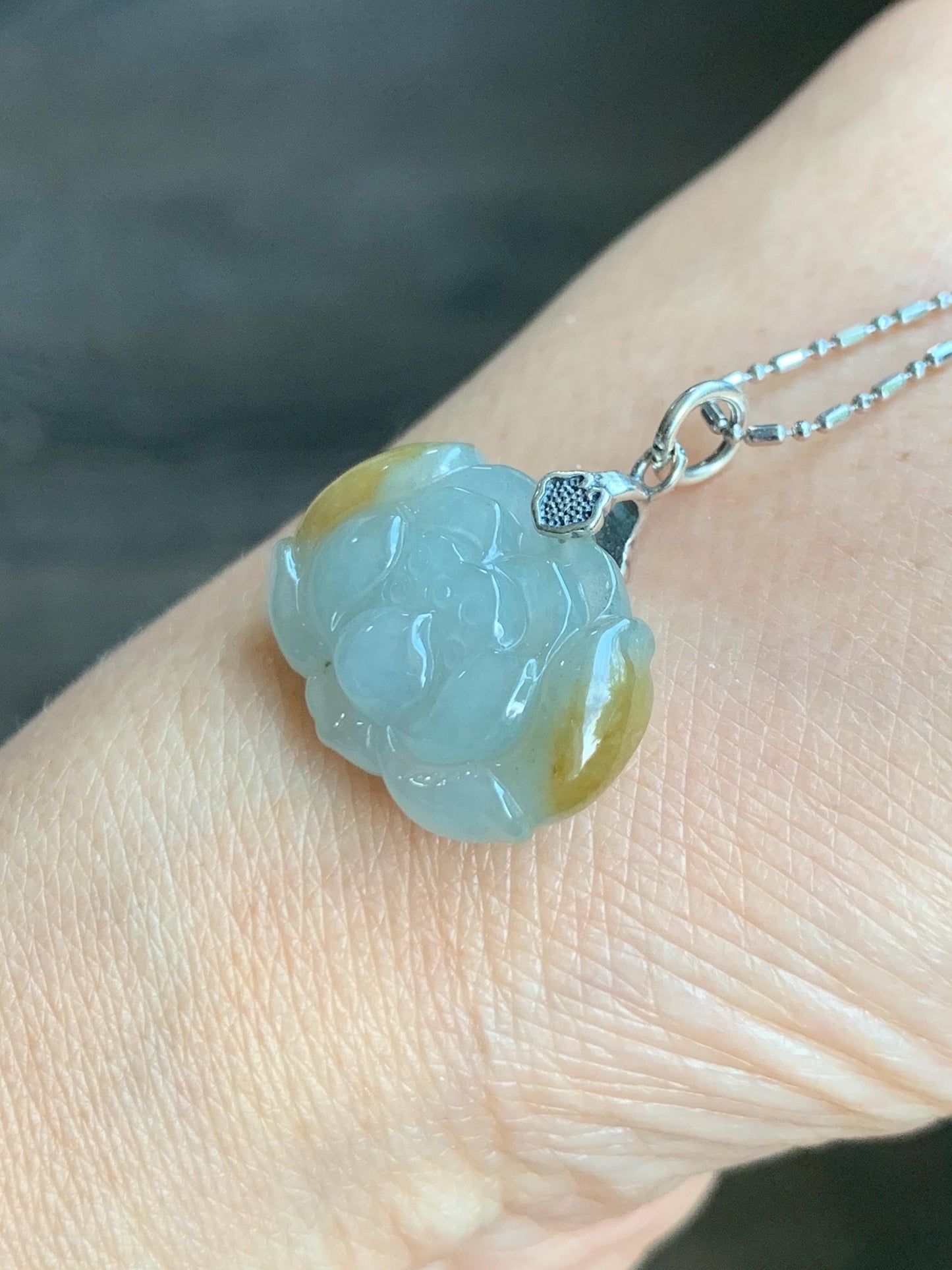 Natural Grade A Icy Translucent Yellow Marbled Jade Jadeite Carved Lotus Flower Pendant Sterling Silver 5g 天然冰胶淡蓝底飘黄翡翠莲花吊坠 MPH80