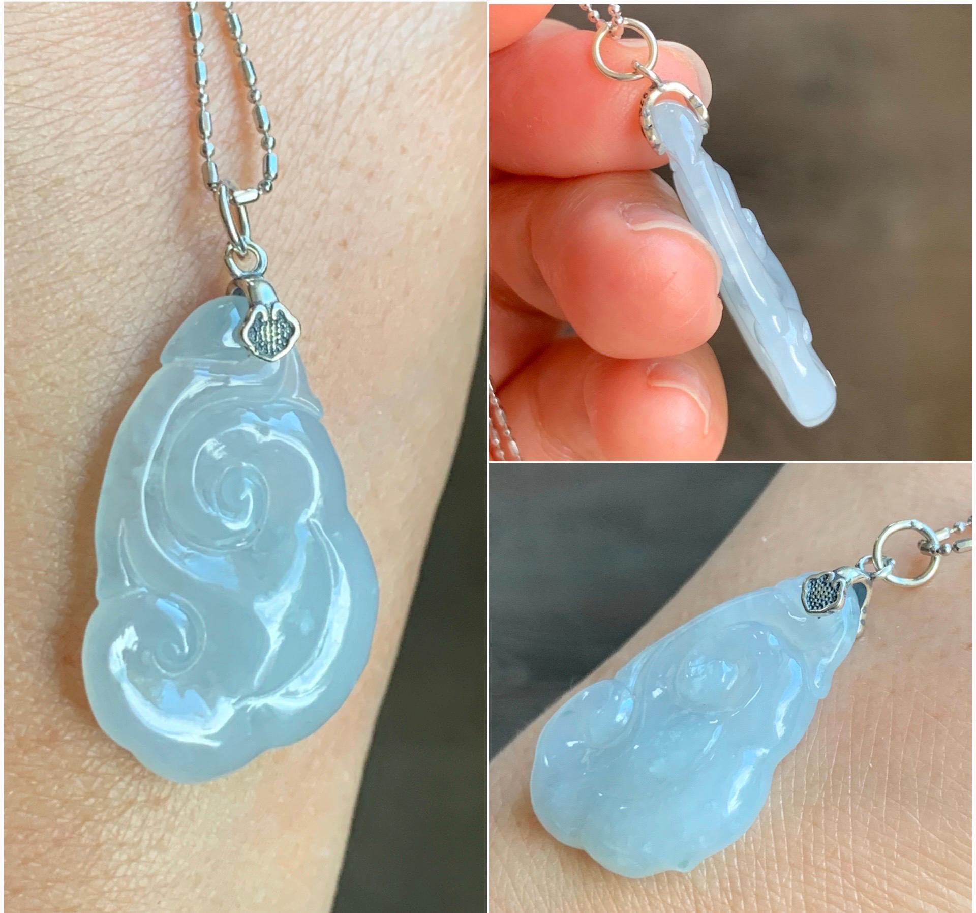 Natural Grade A Icy Translucent Gelatinous Pastel Blue Jade Jadeite Carved Ruyi Pendant Sterling Silver 5g 天然冰胶蓝底翡翠如意吊坠 MDLR88