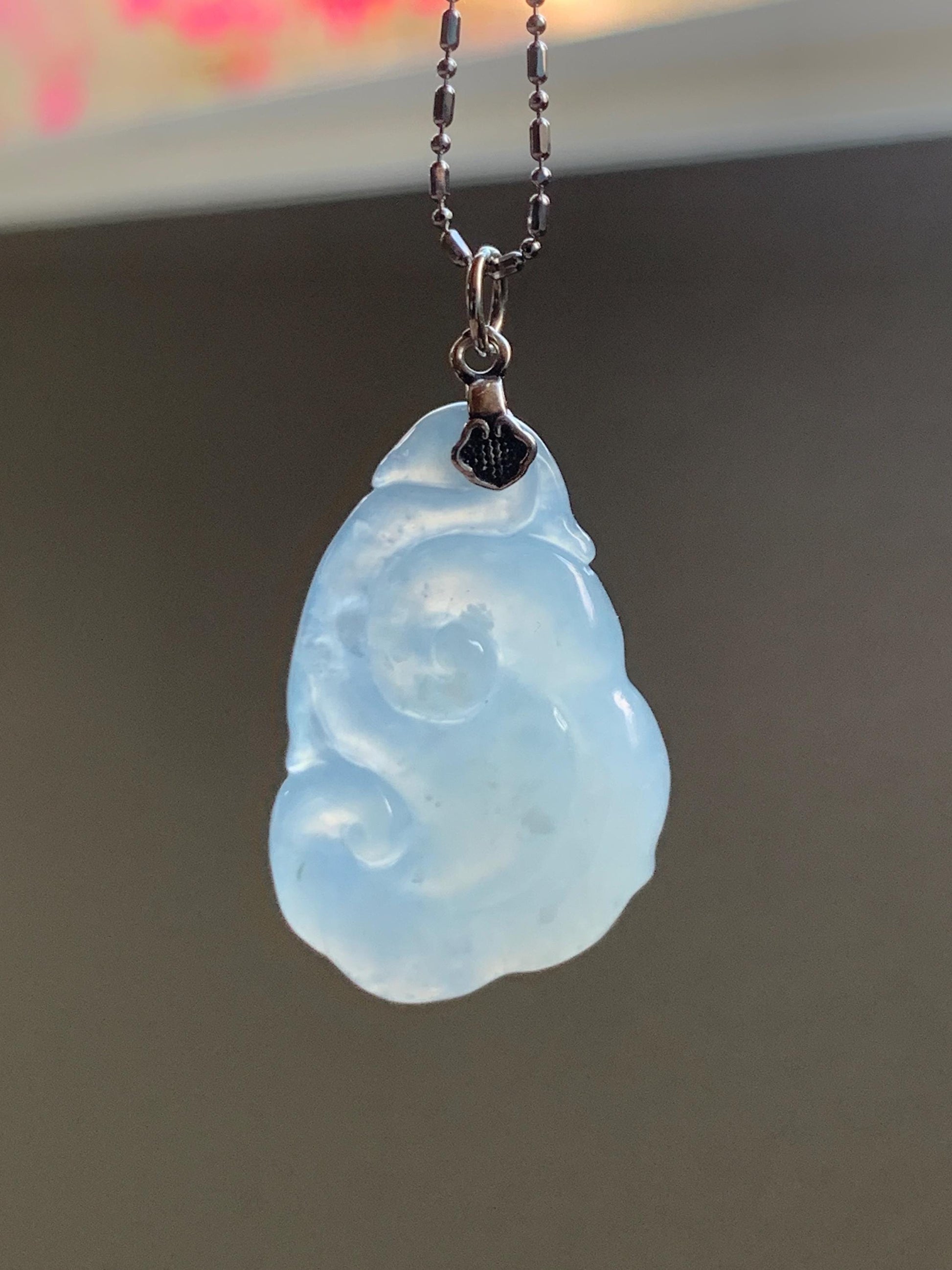 Natural Grade A Icy Translucent Gelatinous Pastel Blue Jade Jadeite Carved Ruyi Pendant Sterling Silver 5g 天然冰胶蓝底翡翠如意吊坠 MDLR88