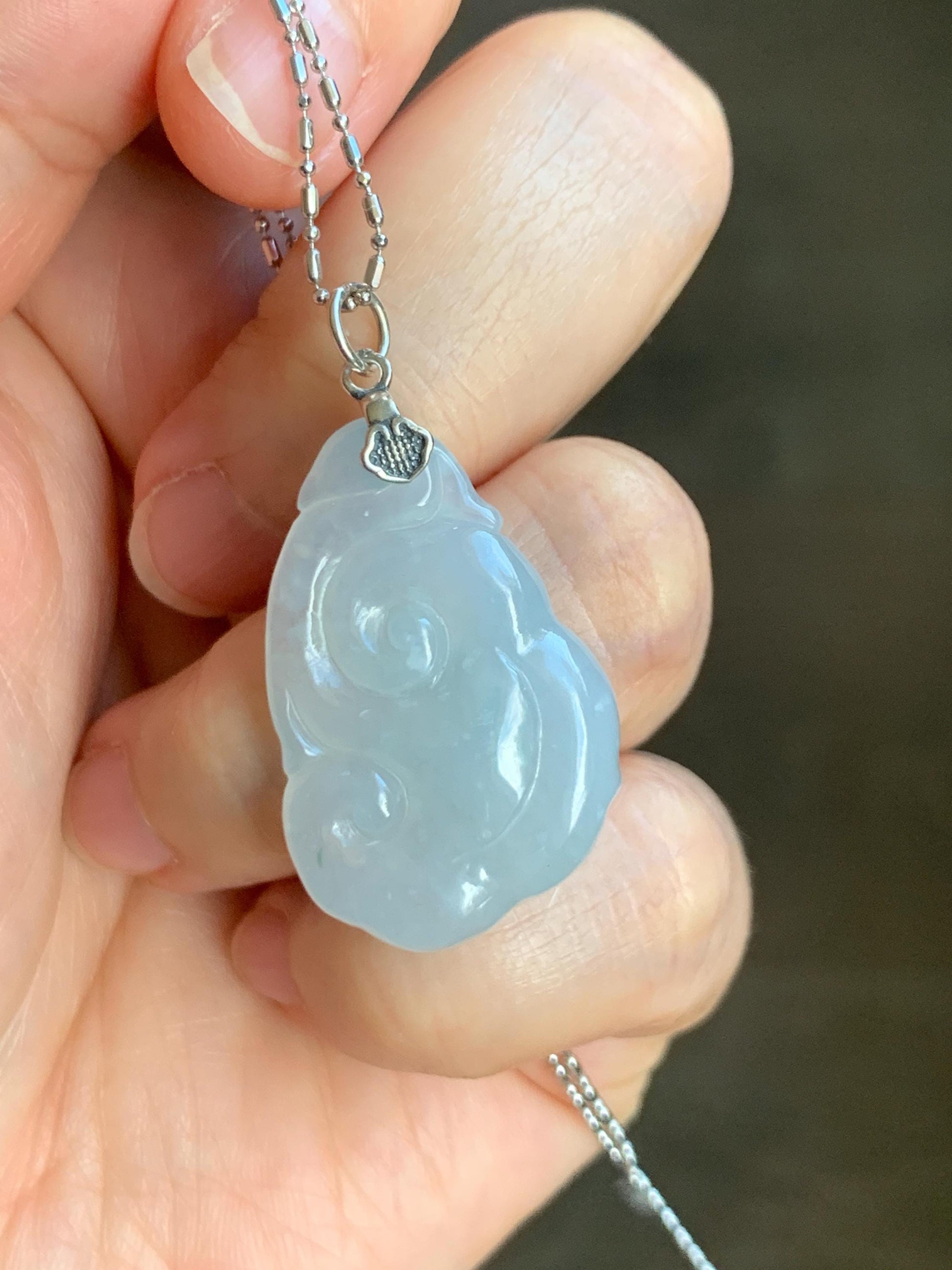 Natural Grade A Icy Translucent Gelatinous Pastel Blue Jade Jadeite Carved Ruyi Pendant Sterling Silver 5g 天然冰胶蓝底翡翠如意吊坠 MDLR88