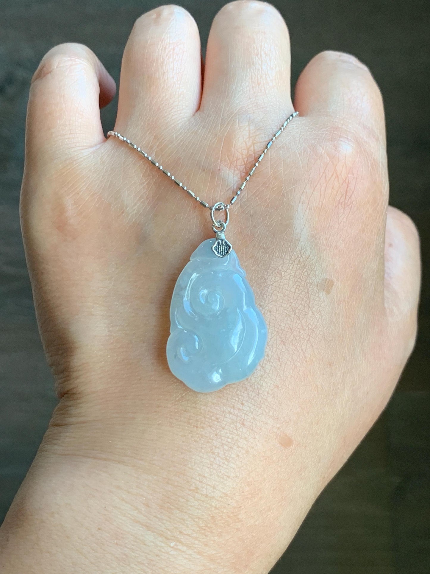 Natural Grade A Icy Translucent Gelatinous Pastel Blue Jade Jadeite Carved Ruyi Pendant Sterling Silver 5g 天然冰胶蓝底翡翠如意吊坠 MDLR88