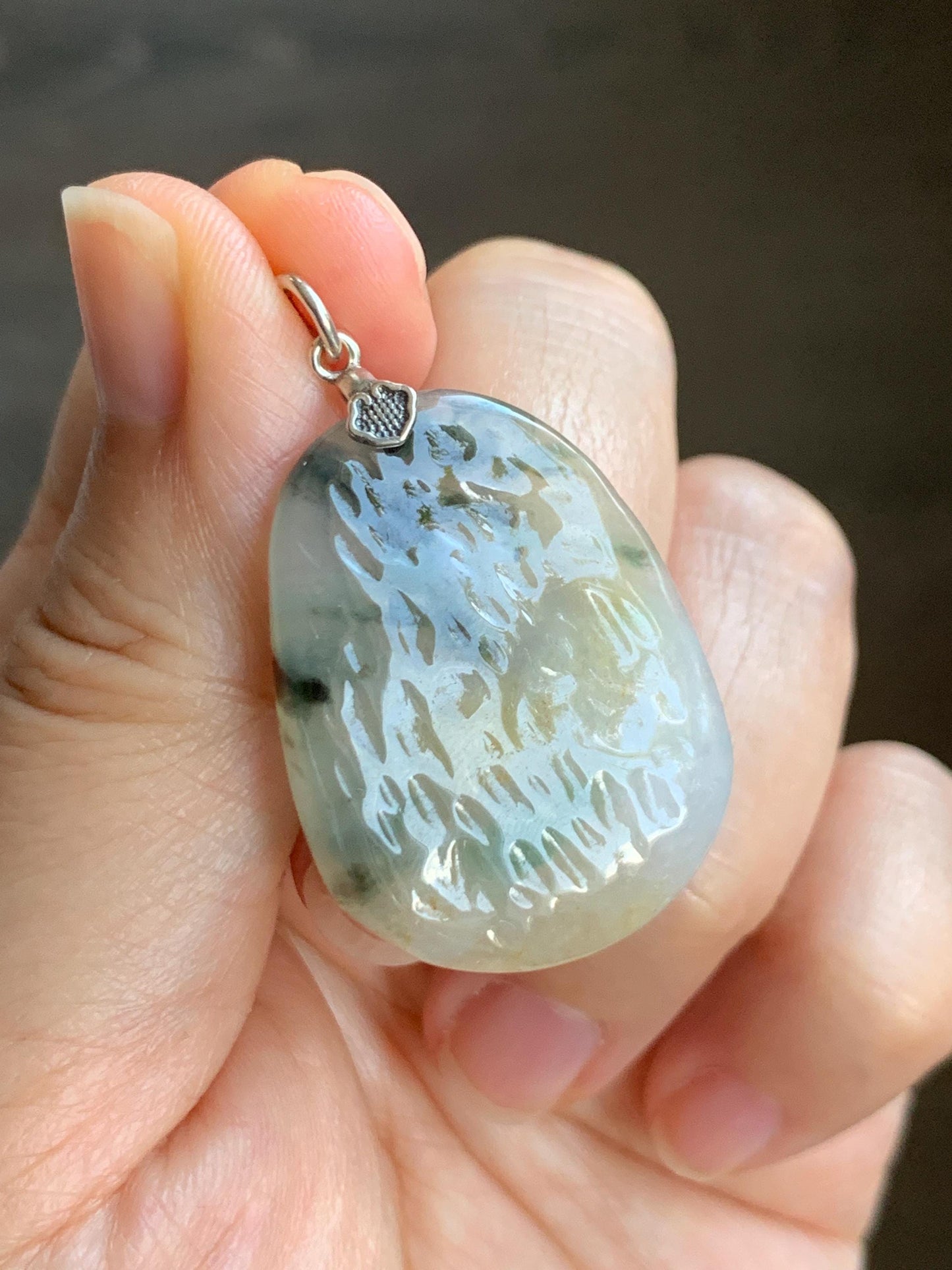 Natural Grade A Icy Highly Translucent Gelatinous Multicolored Jade Jadeite Nugget Pendant Sterling Silver 9g 天然冰三彩翡翠原石吊坠 MYS188B