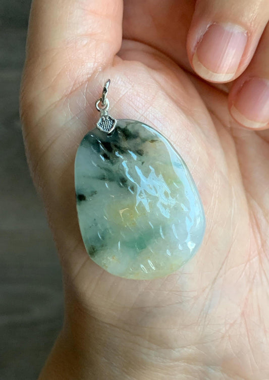 Natural Grade A Icy Highly Translucent Gelatinous Multicolored Jade Jadeite Nugget Pendant Sterling Silver 9g 天然冰三彩翡翠原石吊坠 MYS188B