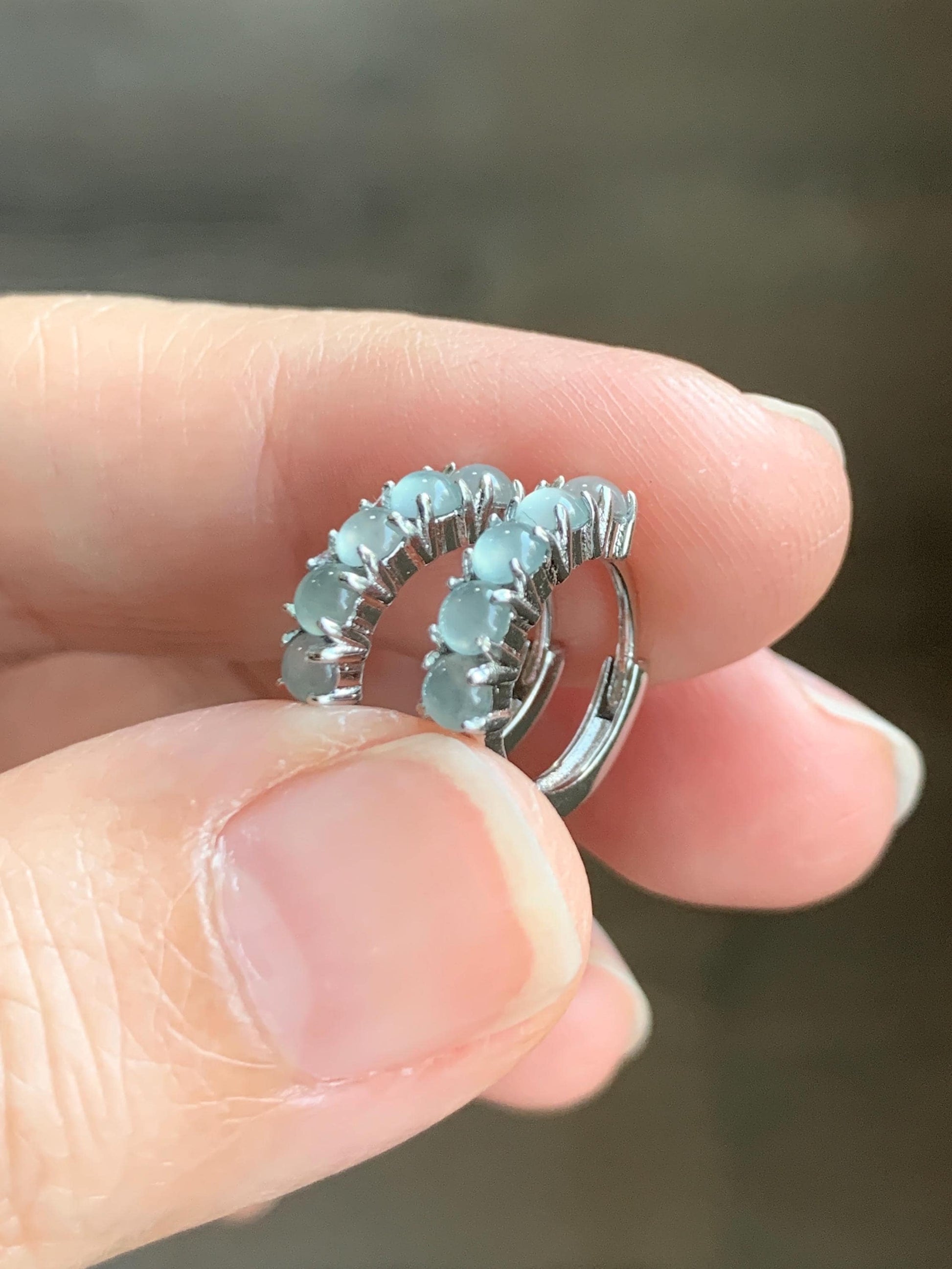 Natural Guatemalan Grade A Icy Highly Translucent Light Blue Jadeite Hoop Huggie Earrings Sterling Silver 天然冰危淡蓝起光翡翠银镶耳包 LEB160