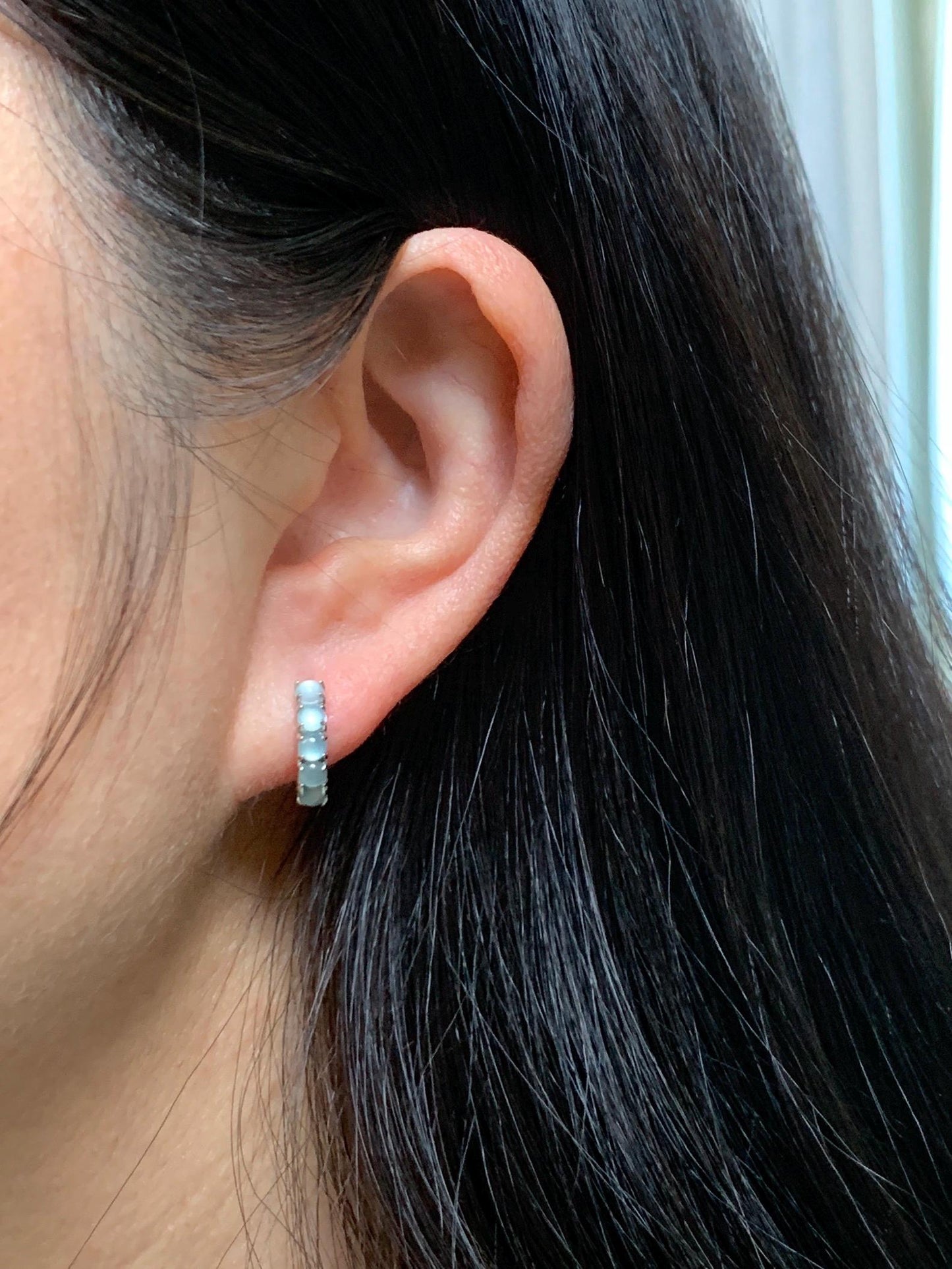 Natural Guatemalan Grade A Icy Highly Translucent Light Blue Jadeite Hoop Huggie Earrings Sterling Silver 天然冰危淡蓝起光翡翠银镶耳包 LEB160