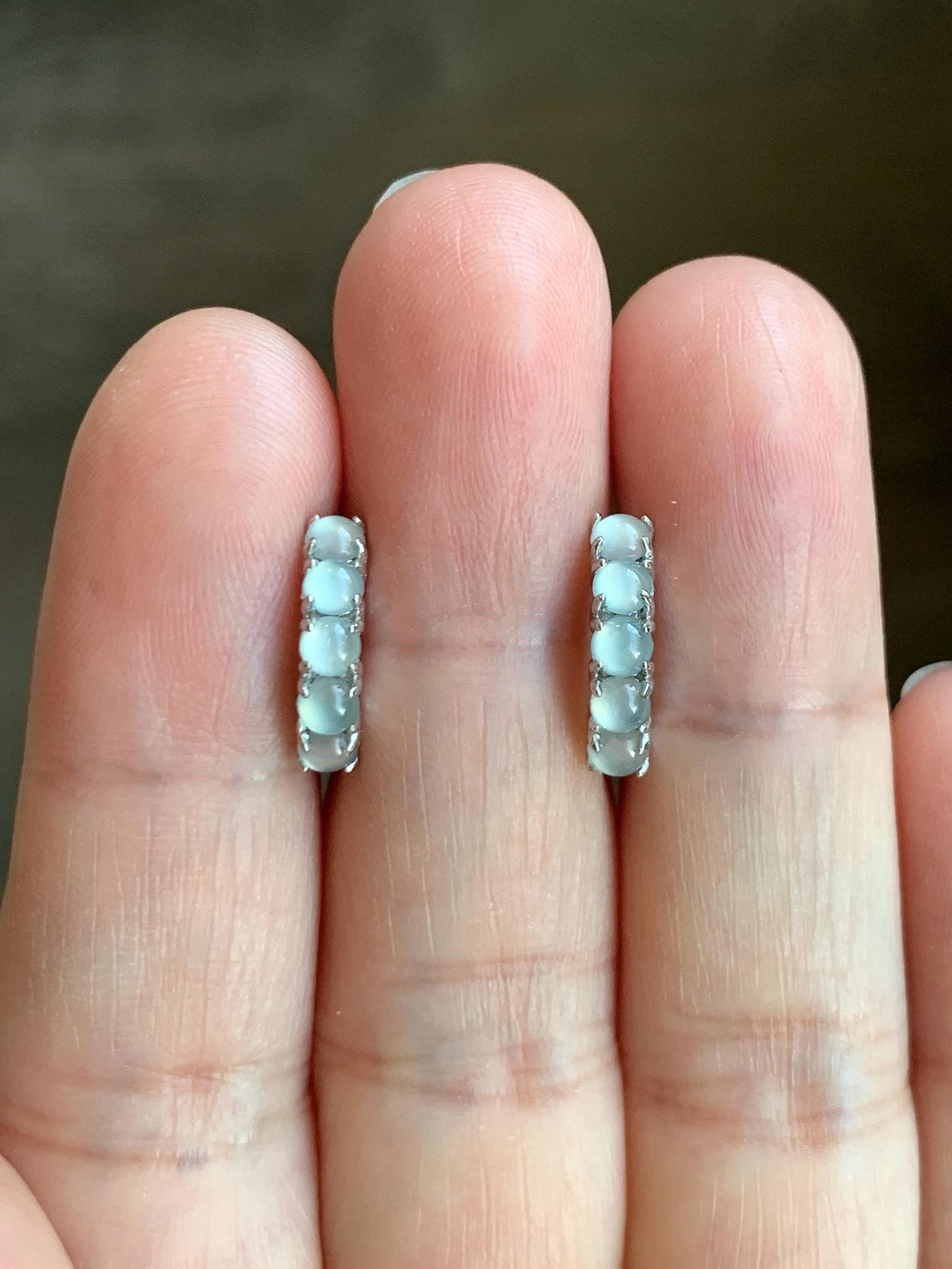 Natural Guatemalan Grade A Icy Highly Translucent Light Blue Jadeite Hoop Huggie Earrings Sterling Silver 天然冰危淡蓝起光翡翠银镶耳包 LEB160