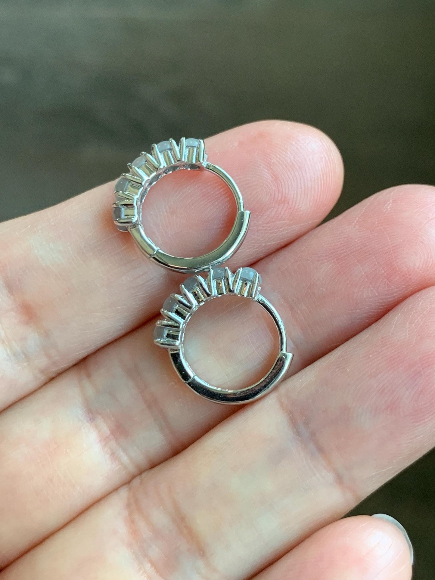 Natural Guatemalan Grade A Icy Highly Translucent Light Blue Jadeite Hoop Huggie Earrings Sterling Silver 天然冰危淡蓝起光翡翠银镶耳包 LEB160