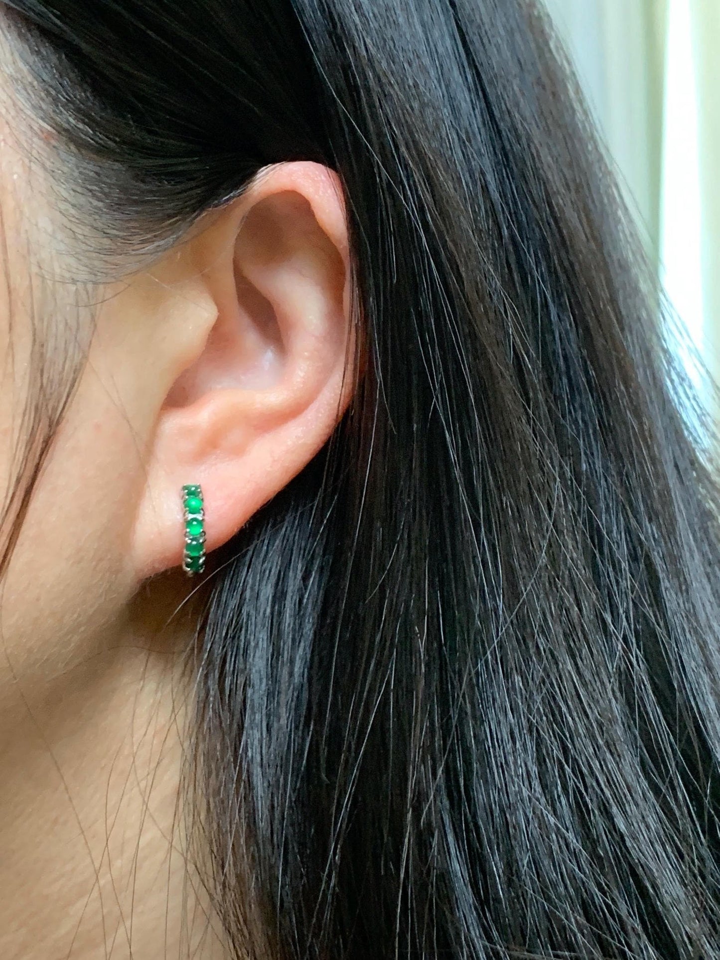 Natural Guatemalan Grade A Icy Highly Translucent Vibrant Green Jade Jadeite Hoop Huggie Earrings Sterling Silver 天然冰危绿起光翡翠银镶耳包 LEB180