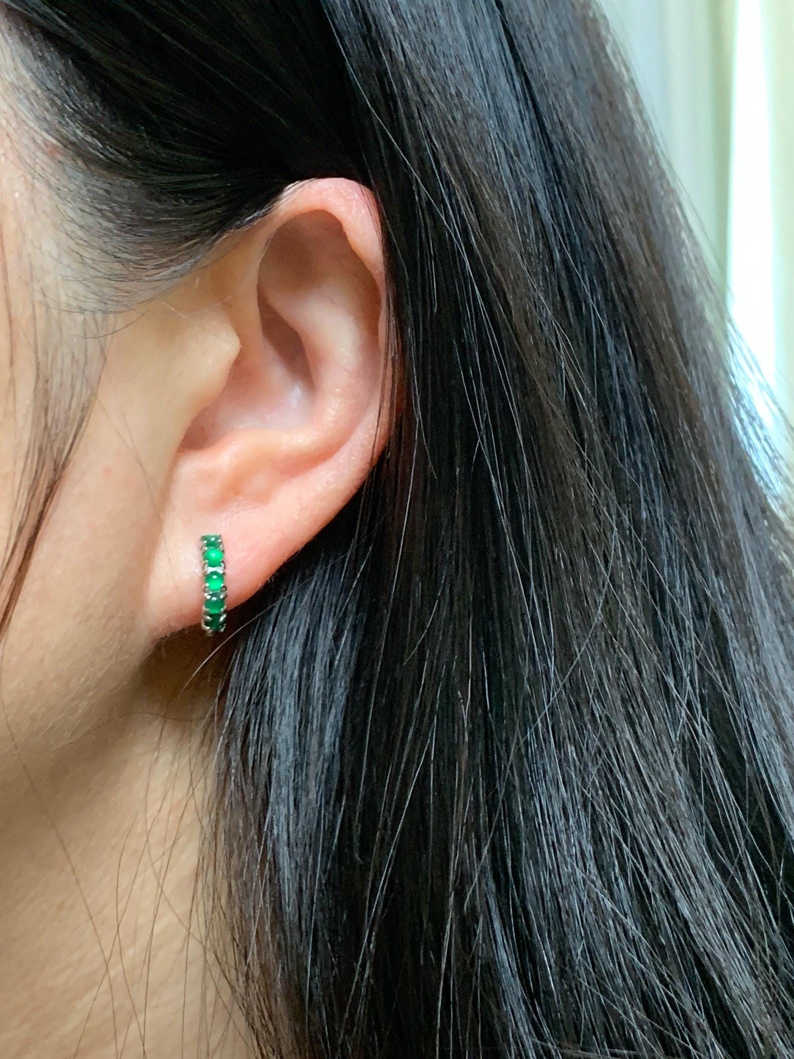 Natural Guatemalan Grade A Icy Highly Translucent Vibrant Green Jade Jadeite Hoop Huggie Earrings Sterling Silver 天然冰危绿起光翡翠银镶耳包 LEB160A