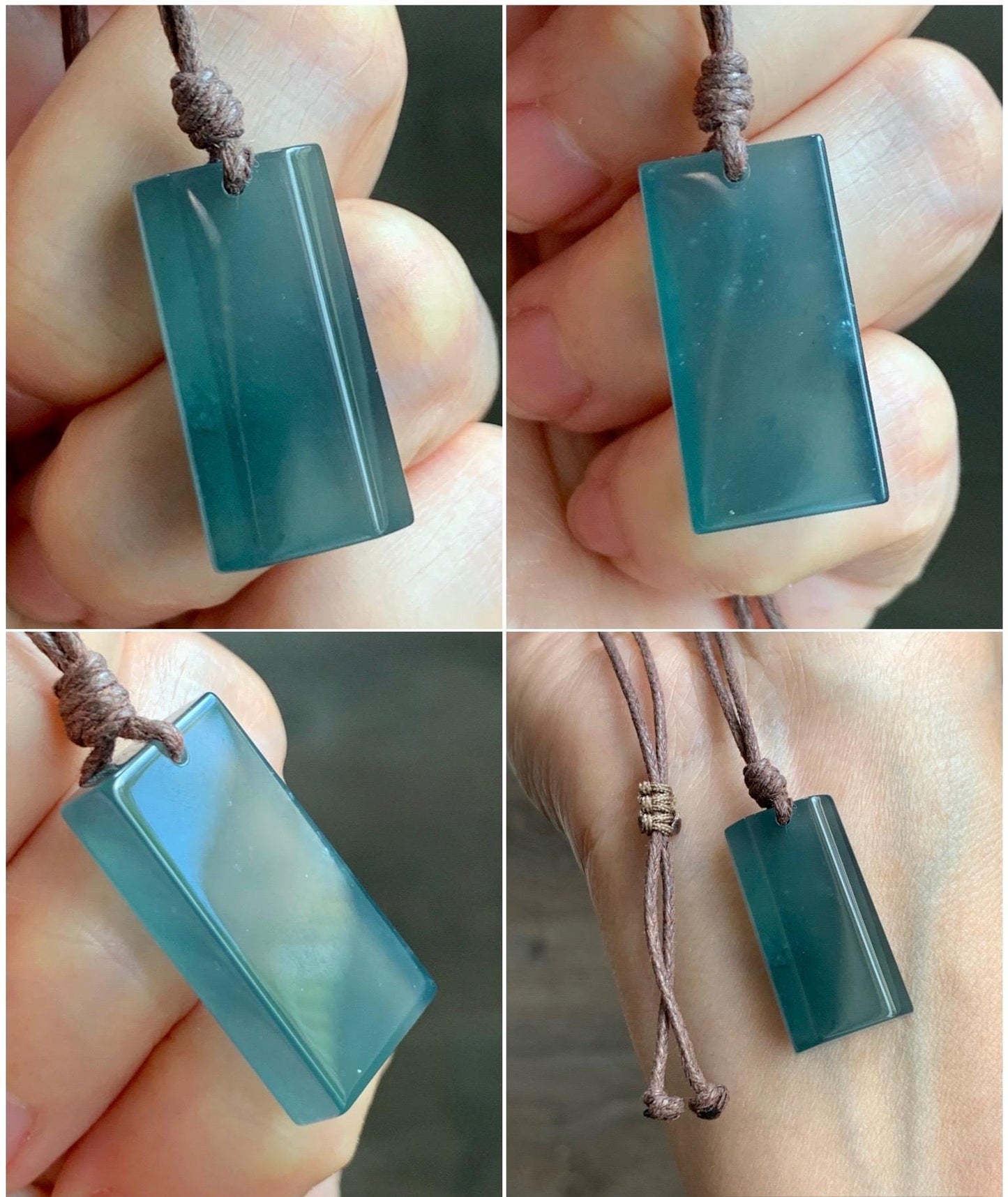 Natural Grade A Guatemalan Icy Highly Translucent Dark Teal Jade Jadeite Wu Shi Pai Pendant Rope Necklace 27" 8g 天然老种冰危深蓝绿翡翠梯形无事牌吊坠 GWP168