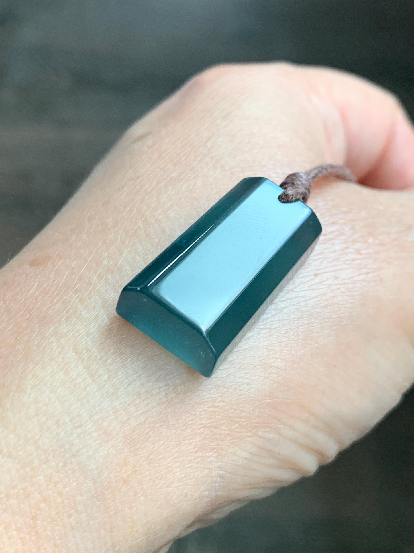 Natural Grade A Guatemalan Icy Highly Translucent Dark Teal Jade Jadeite Wu Shi Pai Pendant Rope Necklace 27" 8g 天然老种冰危深蓝绿翡翠梯形无事牌吊坠 GWP168