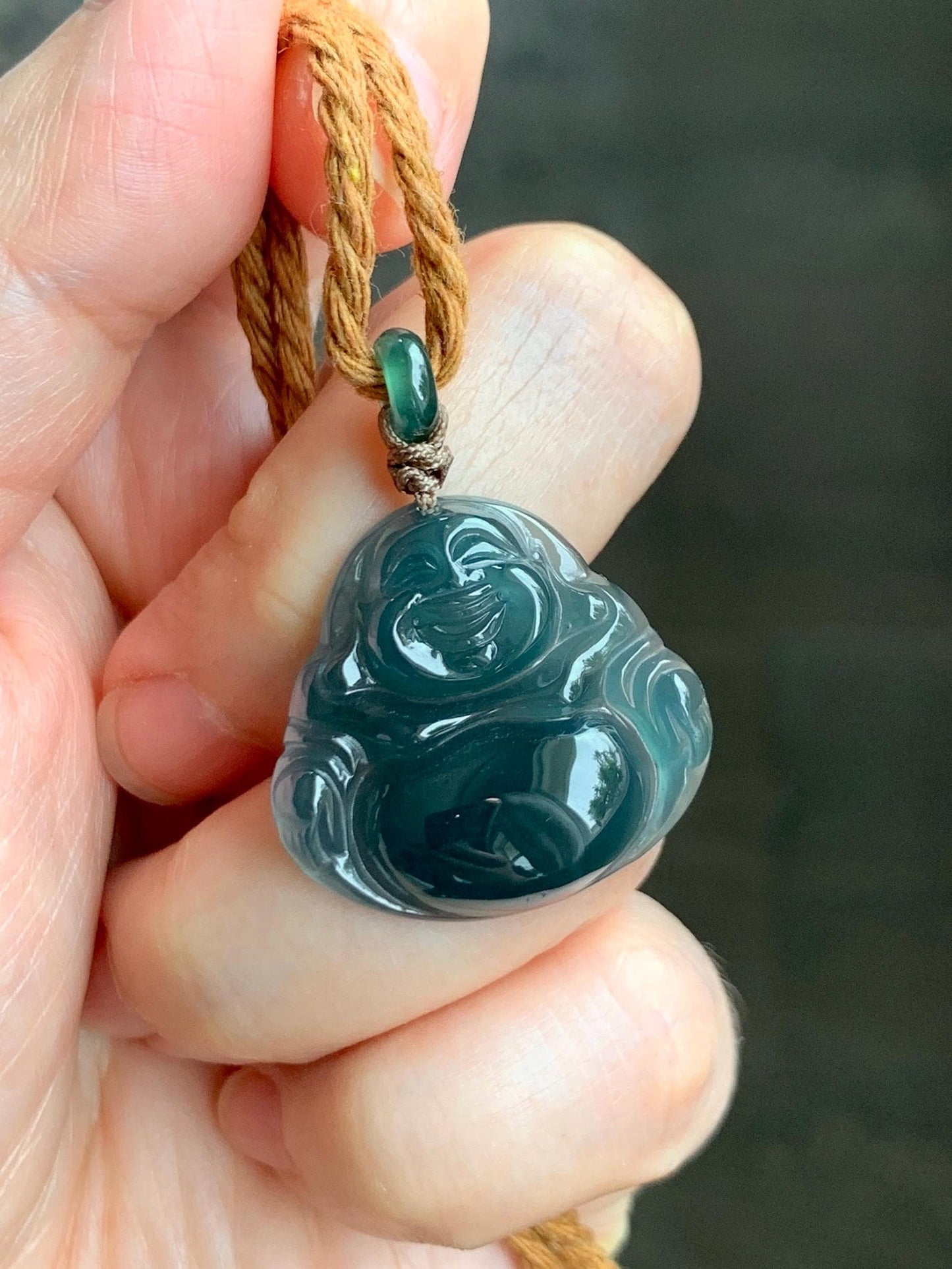 Natural Grade A Guatemalan Icy Translucent Dark Teal Blue Jade Jadeite Buddha Pendant Rope Necklace 26” 7g 天然冰危老种深蓝翡翠佛公吊坠 NZF-B