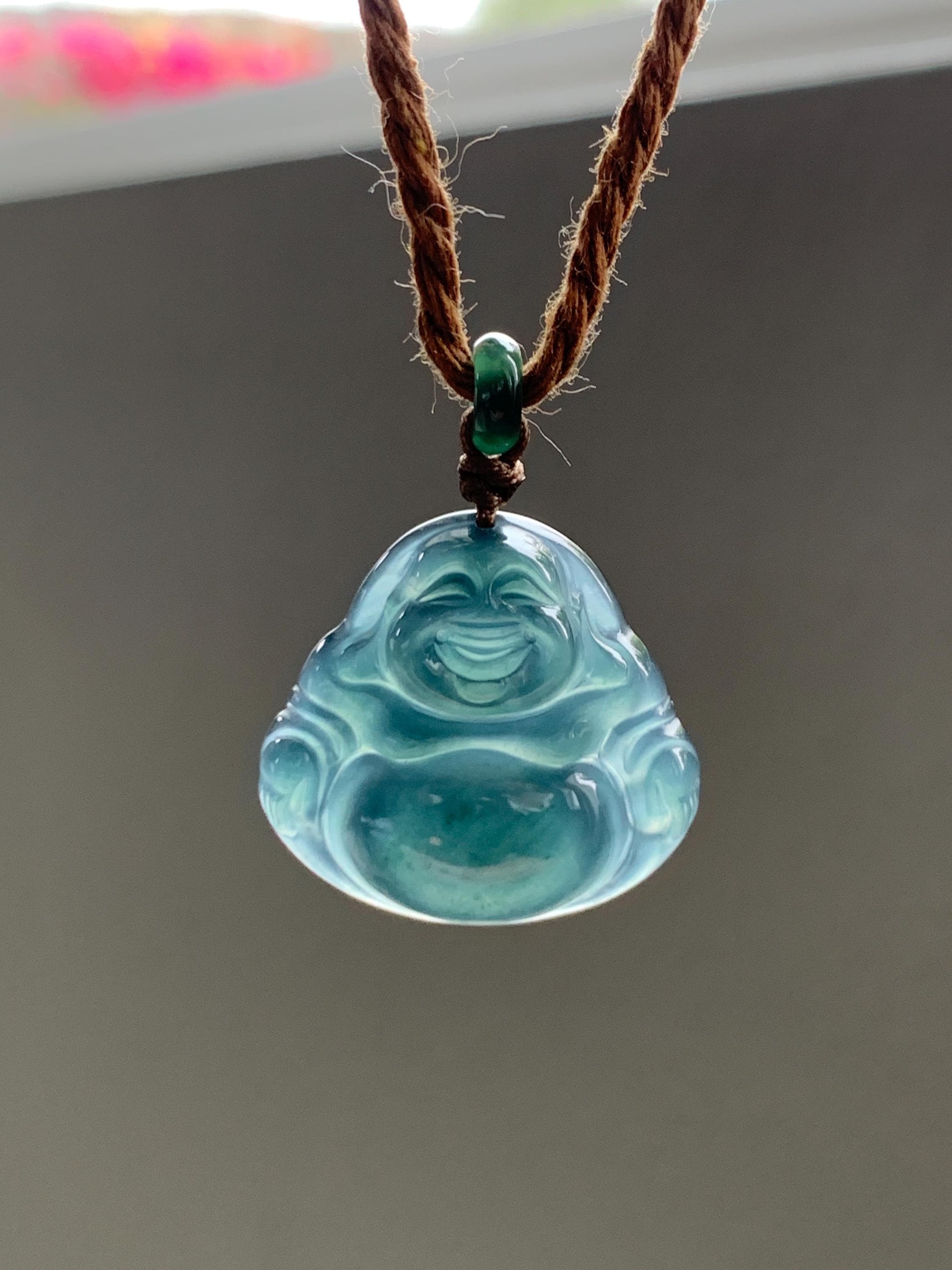 Natural Grade A Guatemalan Icy Translucent Dark Teal Blue Jade Jadeite Buddha Pendant Rope Necklace 26” 7g 天然冰危老种深蓝翡翠佛公吊坠 NZF-B