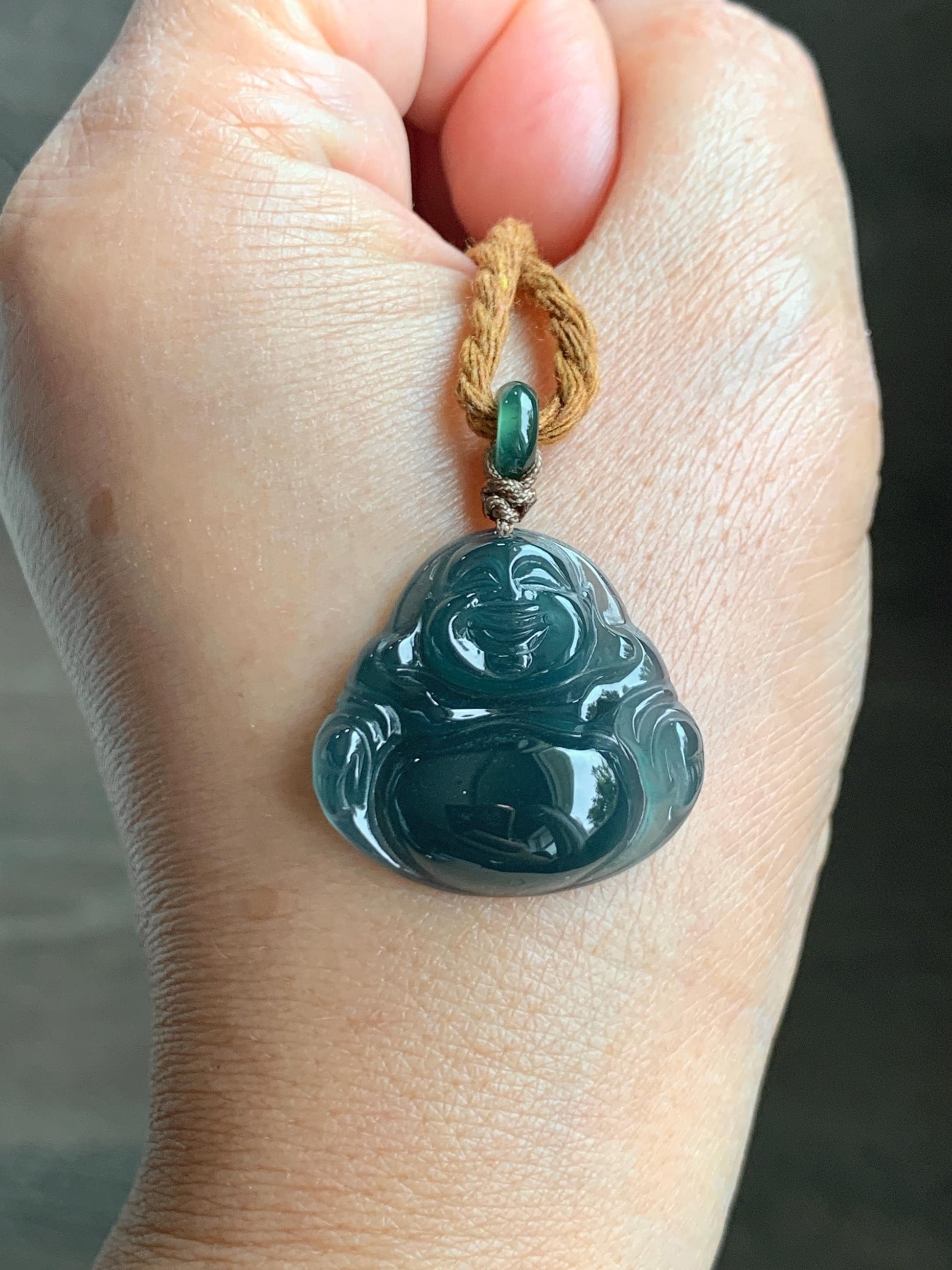 Natural Grade A Guatemalan Icy Translucent Dark Teal Blue Jade Jadeite Buddha Pendant Rope Necklace 26” 7g 天然冰危老种深蓝翡翠佛公吊坠 NZF-B