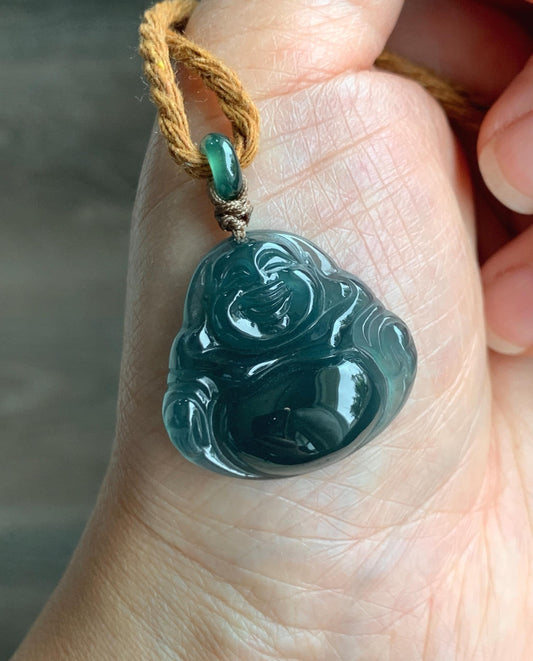Natural Grade A Guatemalan Icy Translucent Dark Teal Blue Jade Jadeite Buddha Pendant Rope Necklace 26” 7g 天然冰危老种深蓝翡翠佛公吊坠 NZF-B