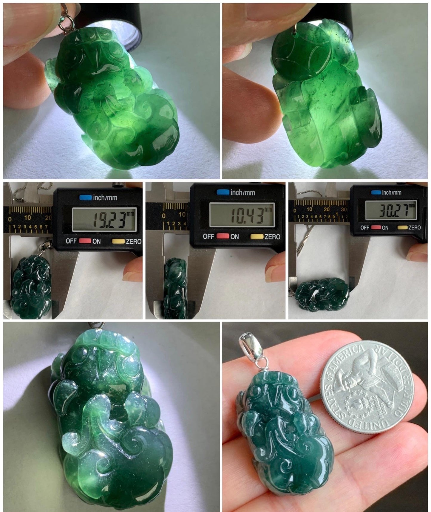 Natural Grade A Guatemalan Icy Translucent Dark Teal Jade Jadeite Pixiu Pendant Sterling Silver 14g 天然冰危深蓝绿翡翠貔貅吊坠 YBW110C