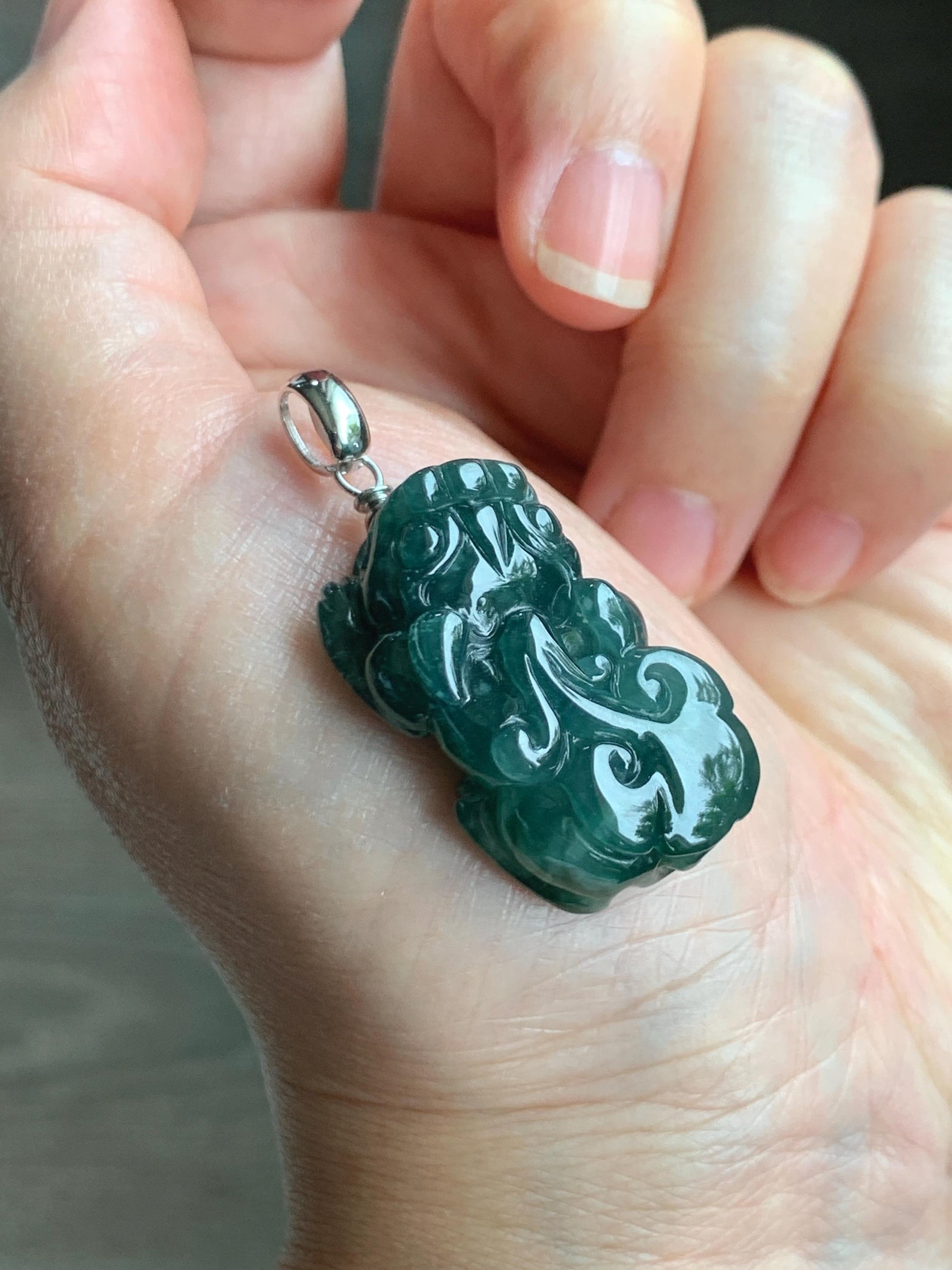 Natural Grade A Guatemalan Icy Translucent Dark Teal Jade Jadeite Pixiu Pendant Sterling Silver 14g 天然冰危深蓝绿翡翠貔貅吊坠 YBW110C