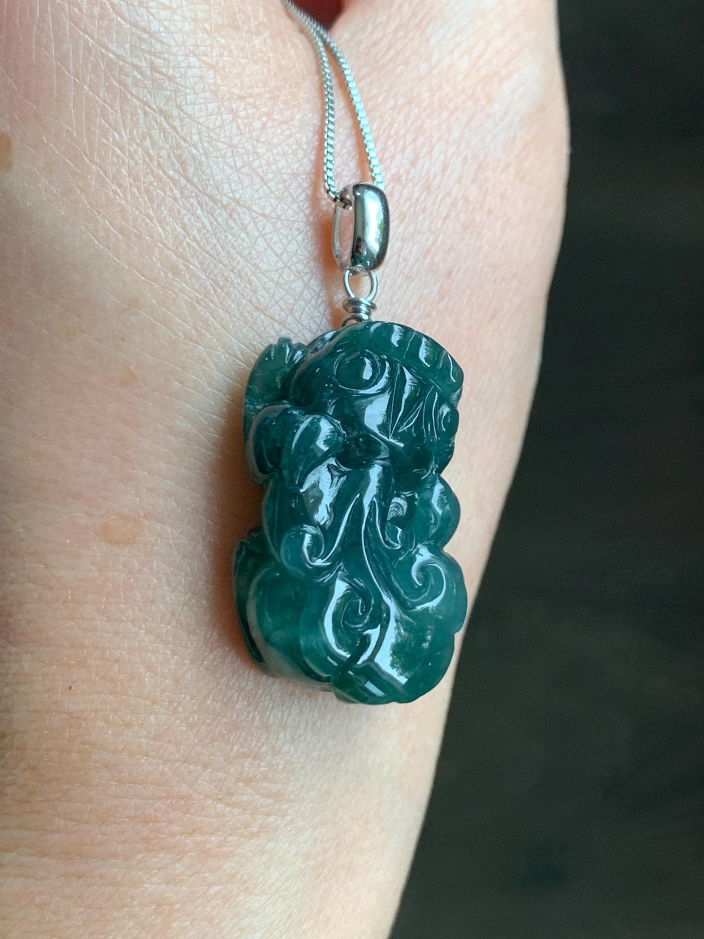 Natural Grade A Guatemalan Icy Translucent Dark Teal Jade Jadeite Pixiu Pendant Sterling Silver 14g 天然冰危深蓝绿翡翠貔貅吊坠 YBW110C