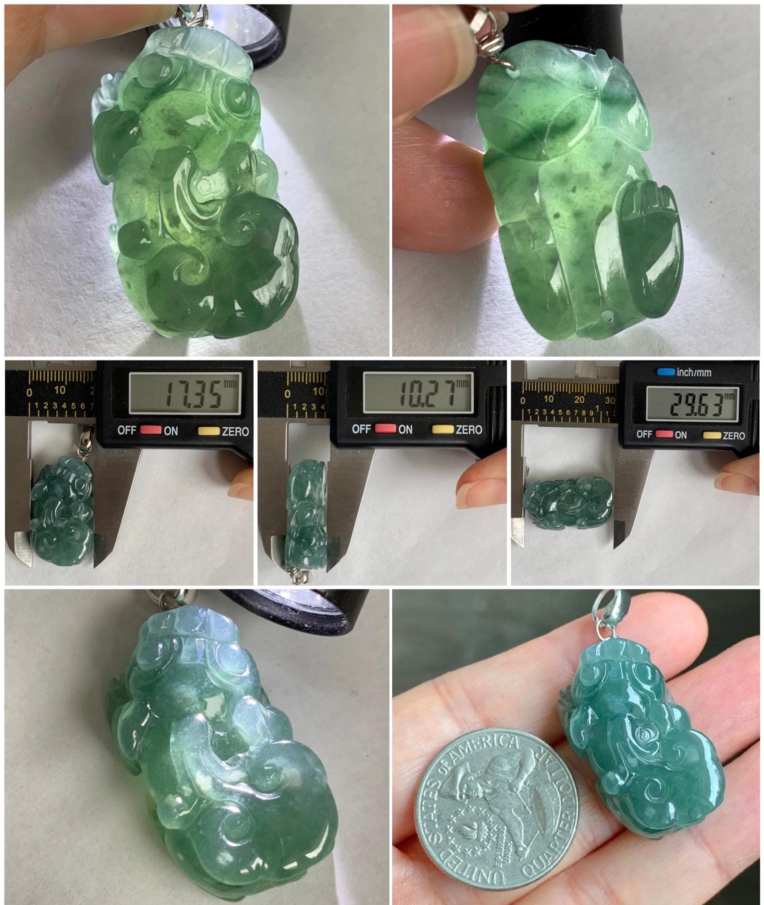 Natural Grade A Guatemalan Icy Translucent Dark Teal Jade Jadeite Pixiu Pendant Sterling Silver 12g 天然冰危深蓝绿翡翠貔貅吊坠 YBW110A