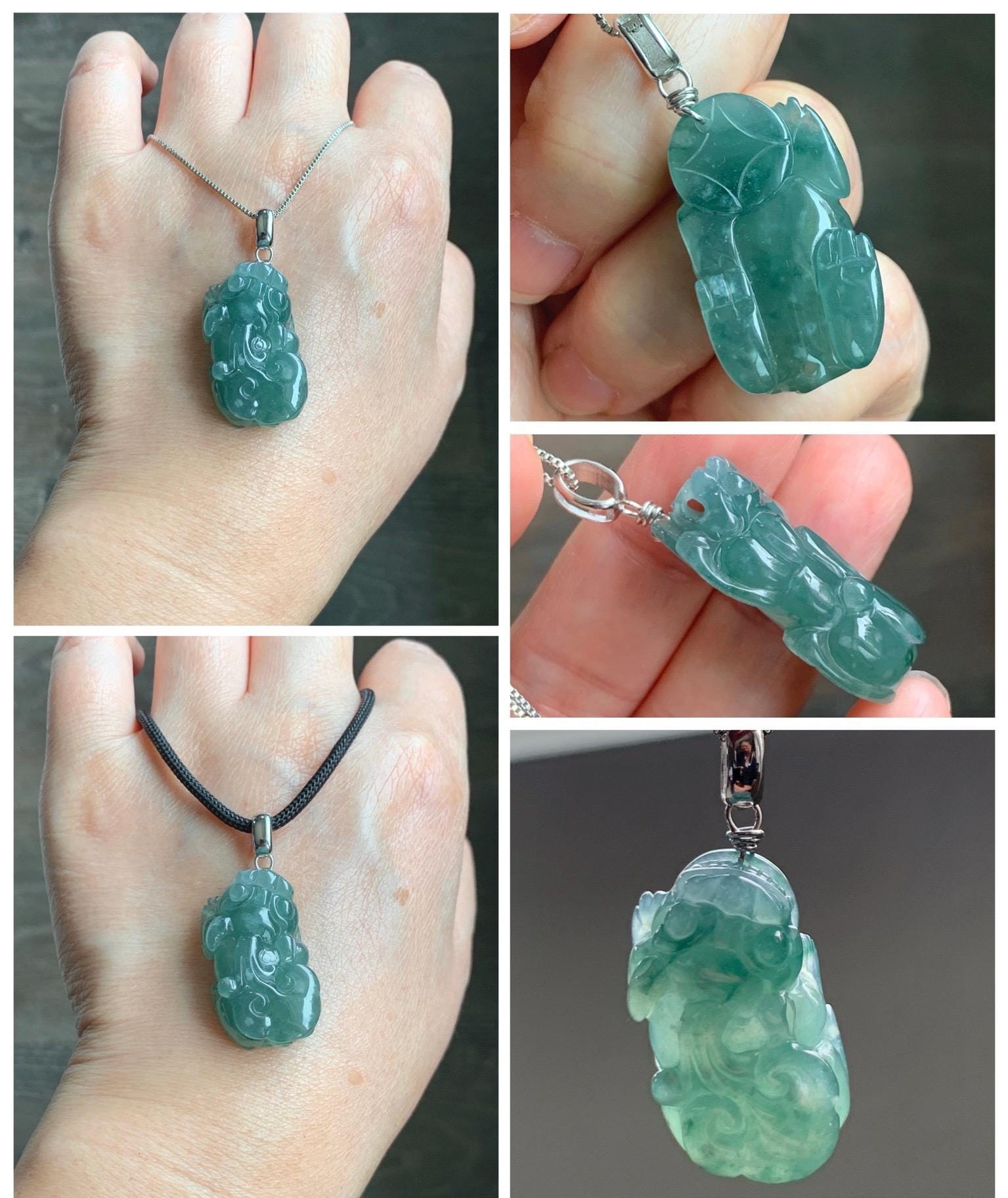 Natural Grade A Guatemalan Icy Translucent Dark Teal Jade Jadeite Pixiu Pendant Sterling Silver 12g 天然冰危深蓝绿翡翠貔貅吊坠 YBW110A