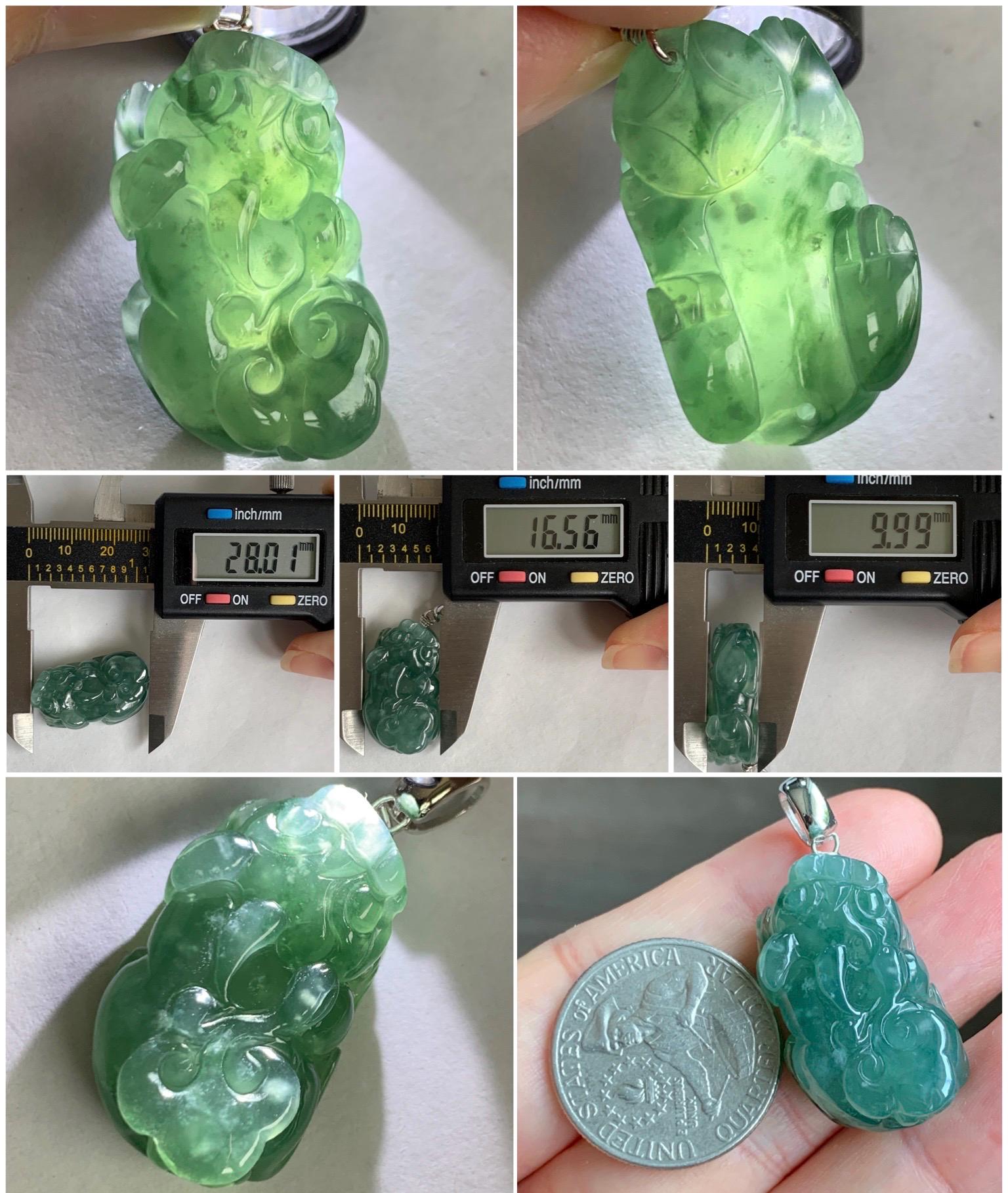 Natural Grade A Guatemalan Icy Translucent Dark Teal Jade Jadeite Pixiu Pendant Sterling Silver 12g 天然冰危深蓝绿翡翠貔貅吊坠 YBW110B