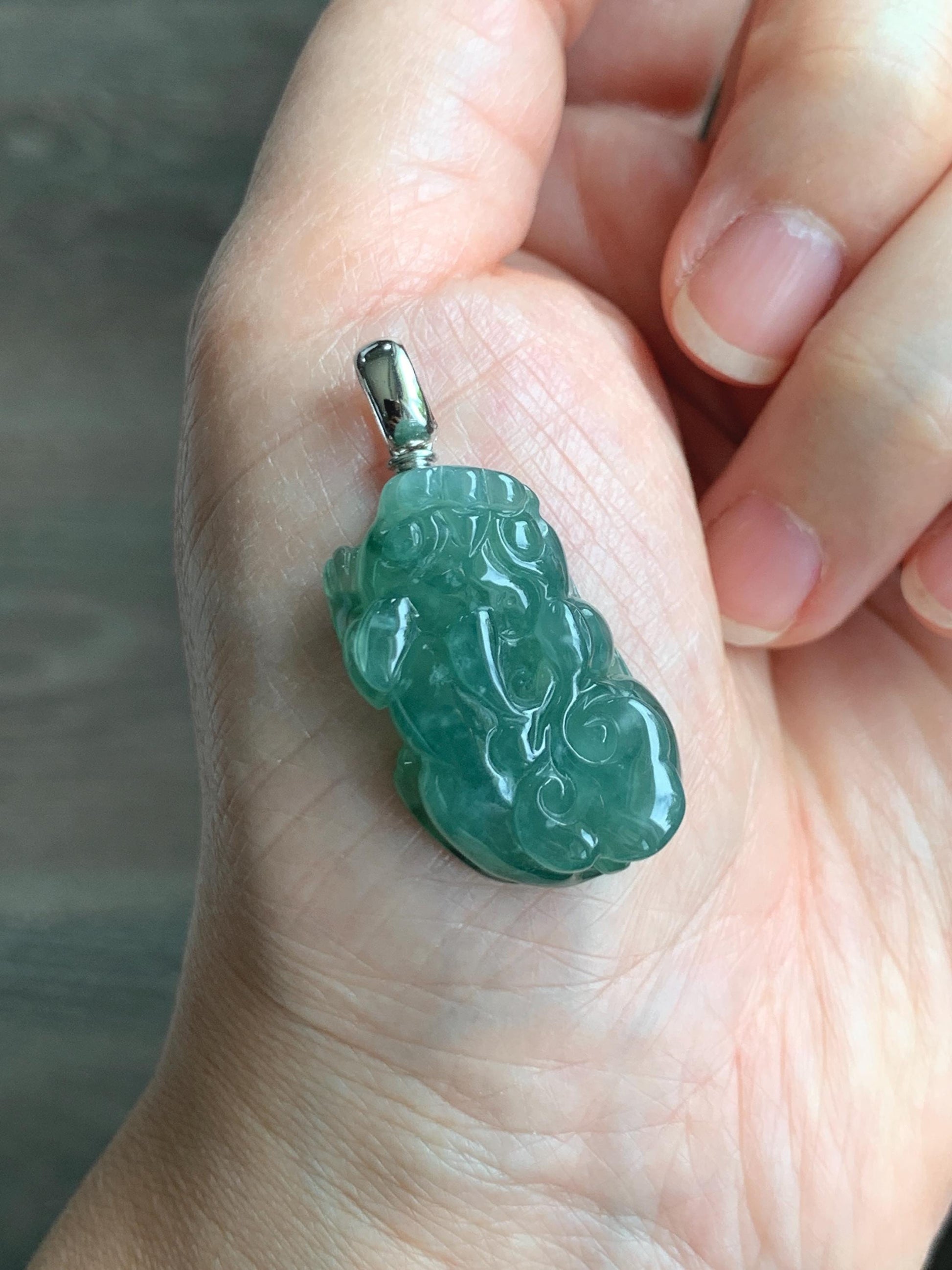 Natural Grade A Guatemalan Icy Translucent Dark Teal Jade Jadeite Pixiu Pendant Sterling Silver 12g 天然冰危深蓝绿翡翠貔貅吊坠 YBW110B