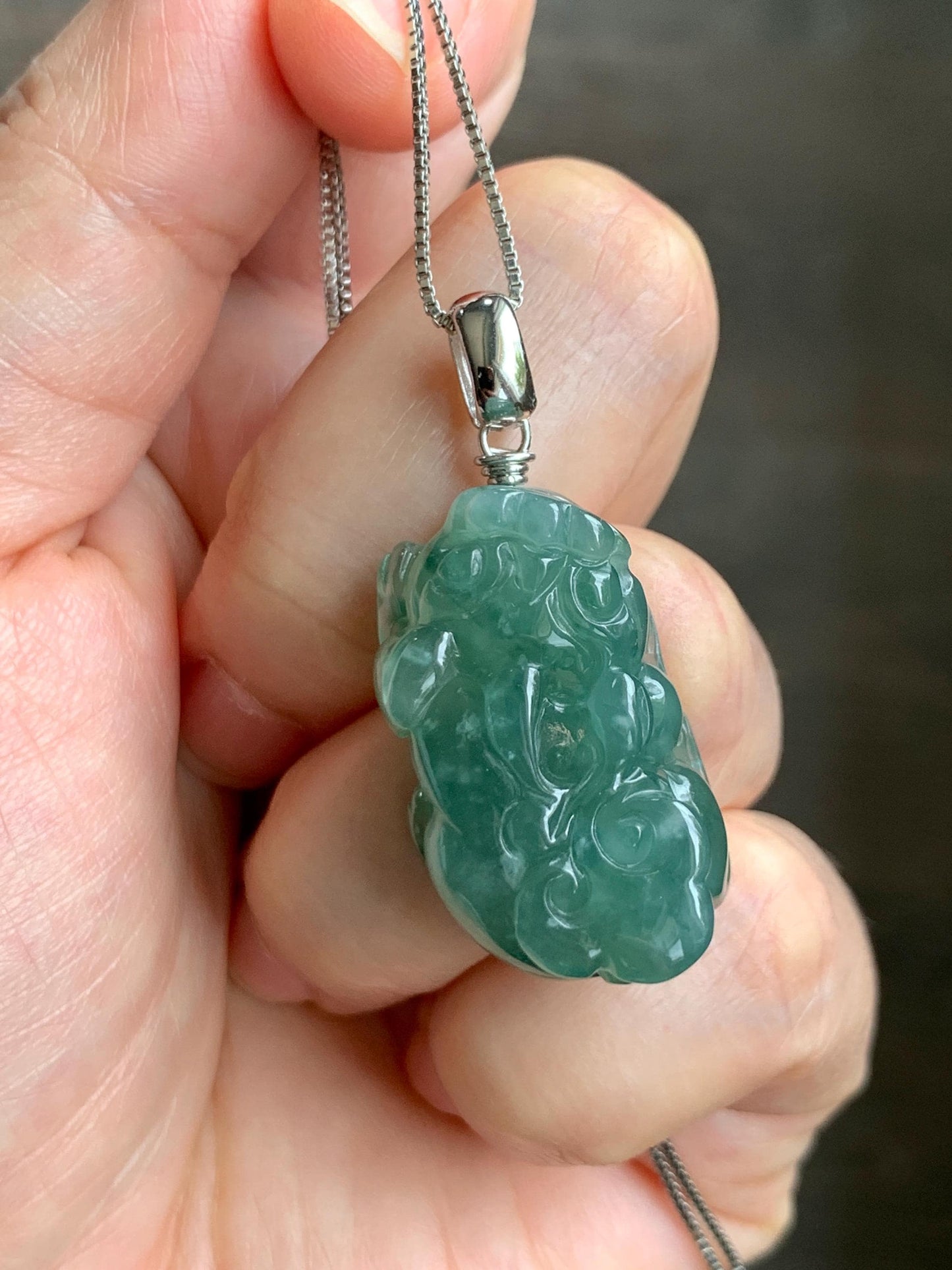 Natural Grade A Guatemalan Icy Translucent Dark Teal Jade Jadeite Pixiu Pendant Sterling Silver 12g 天然冰危深蓝绿翡翠貔貅吊坠 YBW110B