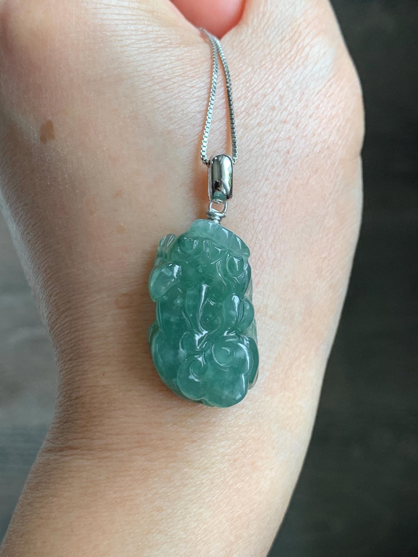 Natural Grade A Guatemalan Icy Translucent Dark Teal Jade Jadeite Pixiu Pendant Sterling Silver 12g 天然冰危深蓝绿翡翠貔貅吊坠 YBW110B