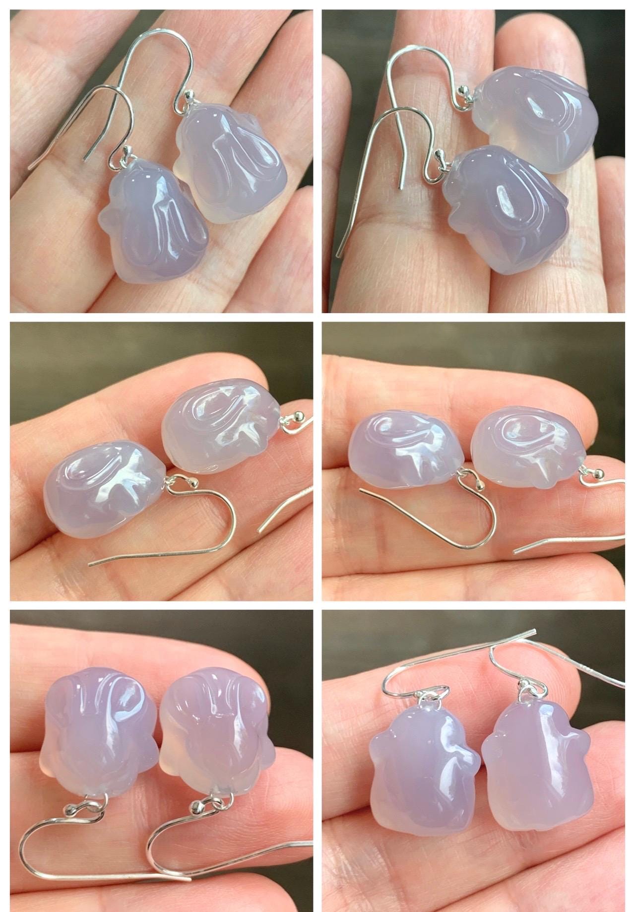 Certified Natural Premium Icy Highly Translucent Pastel Lavender Agate Carved 3D Rabbit Dangle Earrings Sterling Silver 8g 天然高冰品质淡紫玛瑙小兔耳钩