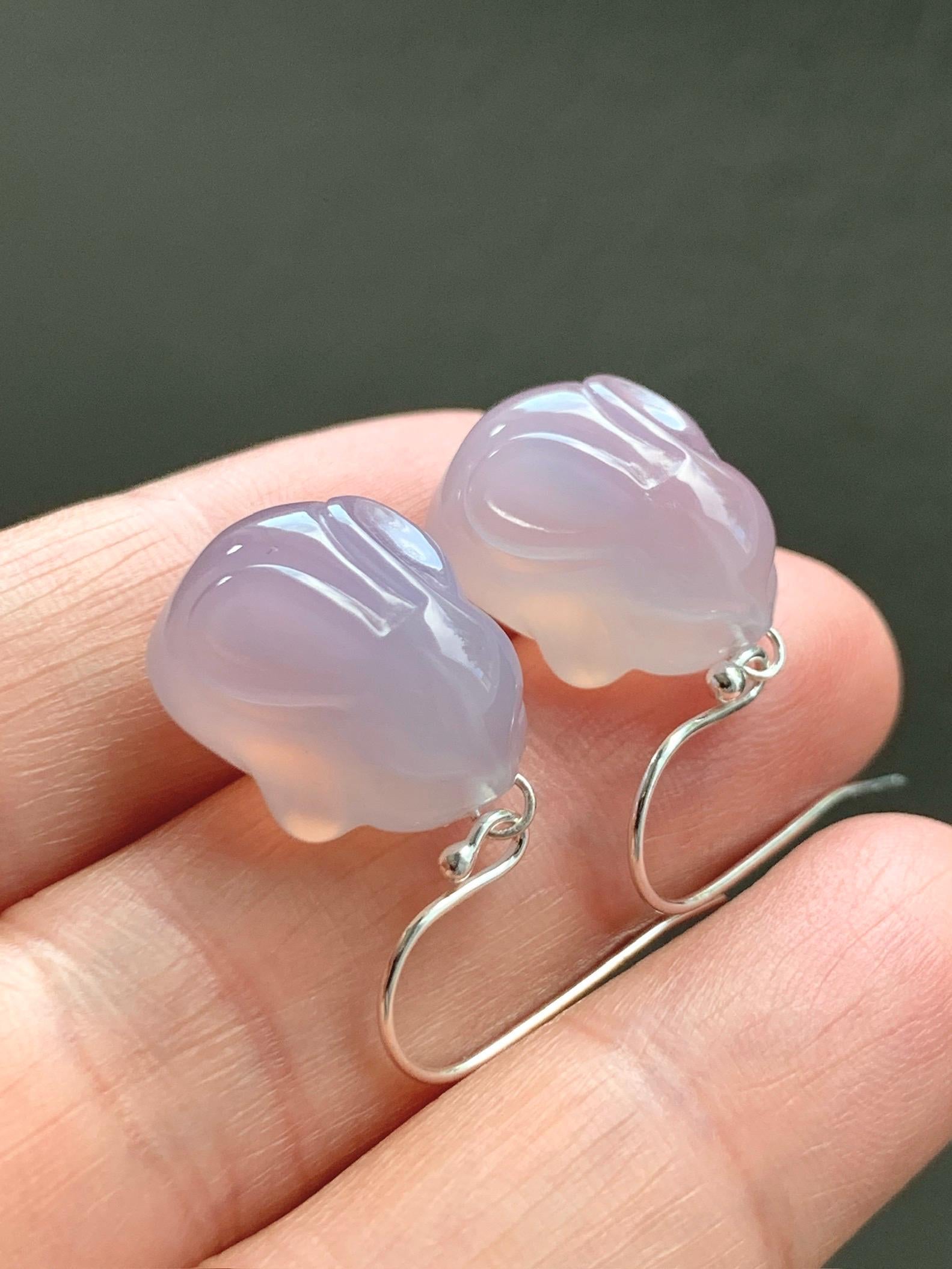 Certified Natural Premium Icy Highly Translucent Pastel Lavender Agate Carved 3D Rabbit Dangle Earrings Sterling Silver 8g 天然高冰品质淡紫玛瑙小兔耳钩
