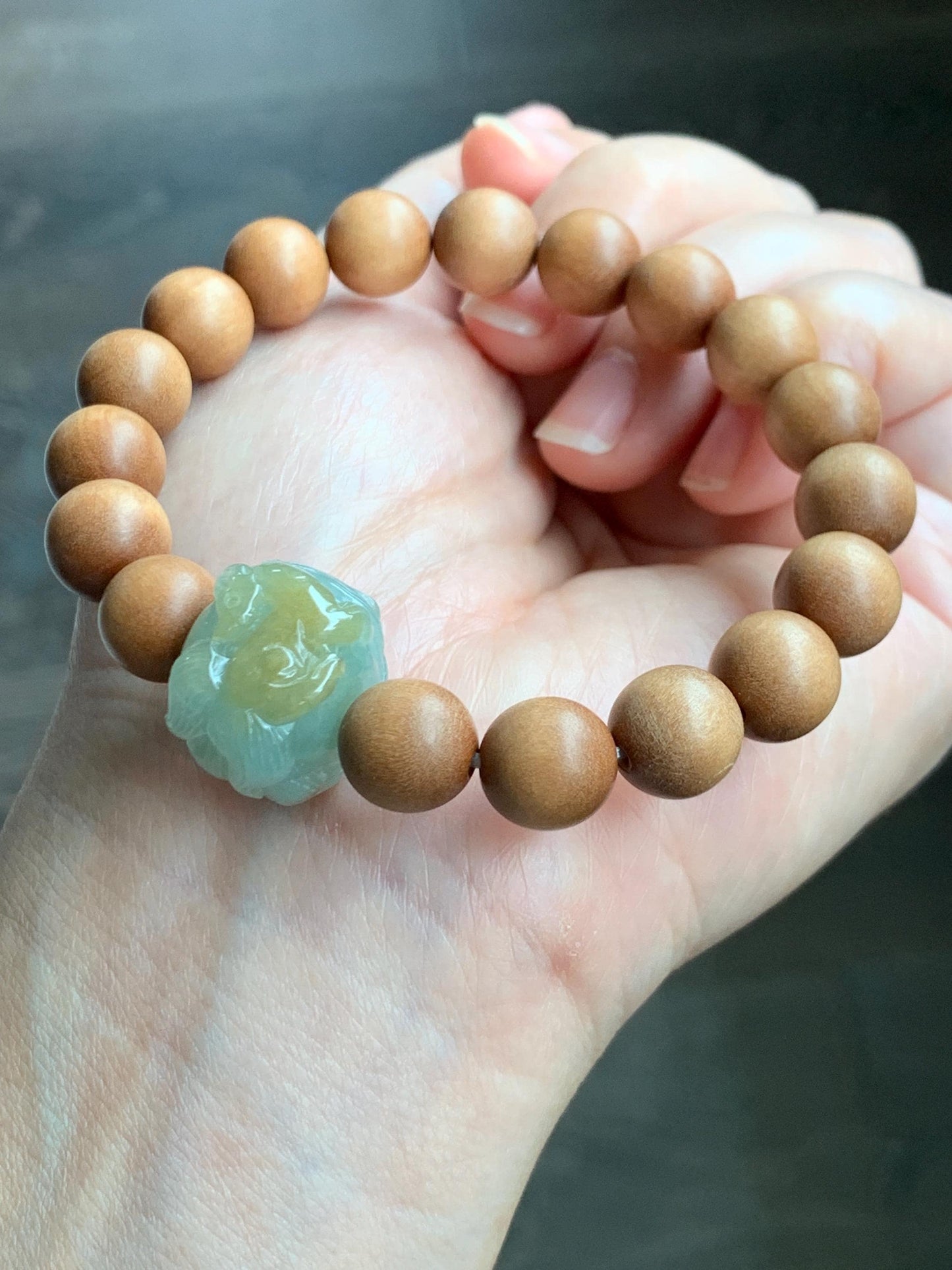 Natural Grade A Icy Translucent Light Green Yellow Marbled Jadeite Nine-tailed Fox Barrel Bead Beaded Bracelet 7” 天然冰晴底飘黄翡翠九尾狐珠木珠手串 MSH280