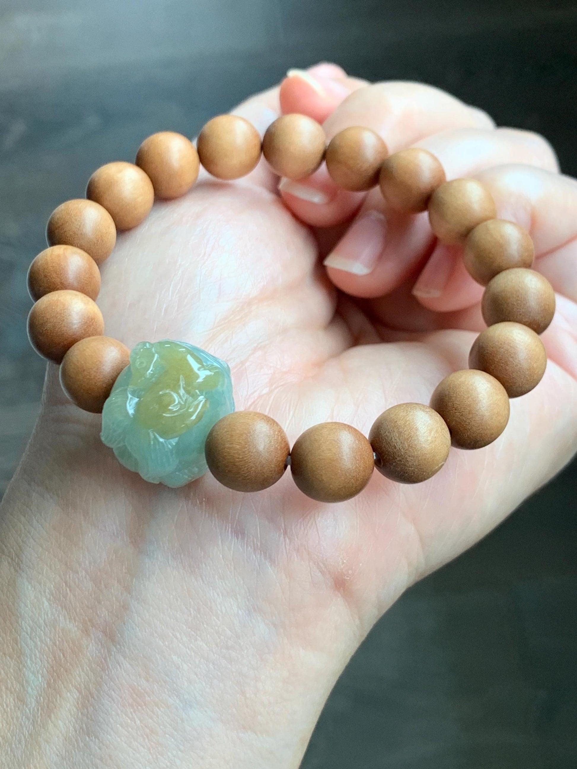 Natural Grade A Icy Translucent Light Green Yellow Marbled Jadeite Nine-tailed Fox Barrel Bead Beaded Bracelet 7” 天然冰晴底飘黄翡翠九尾狐珠木珠手串 MSH280
